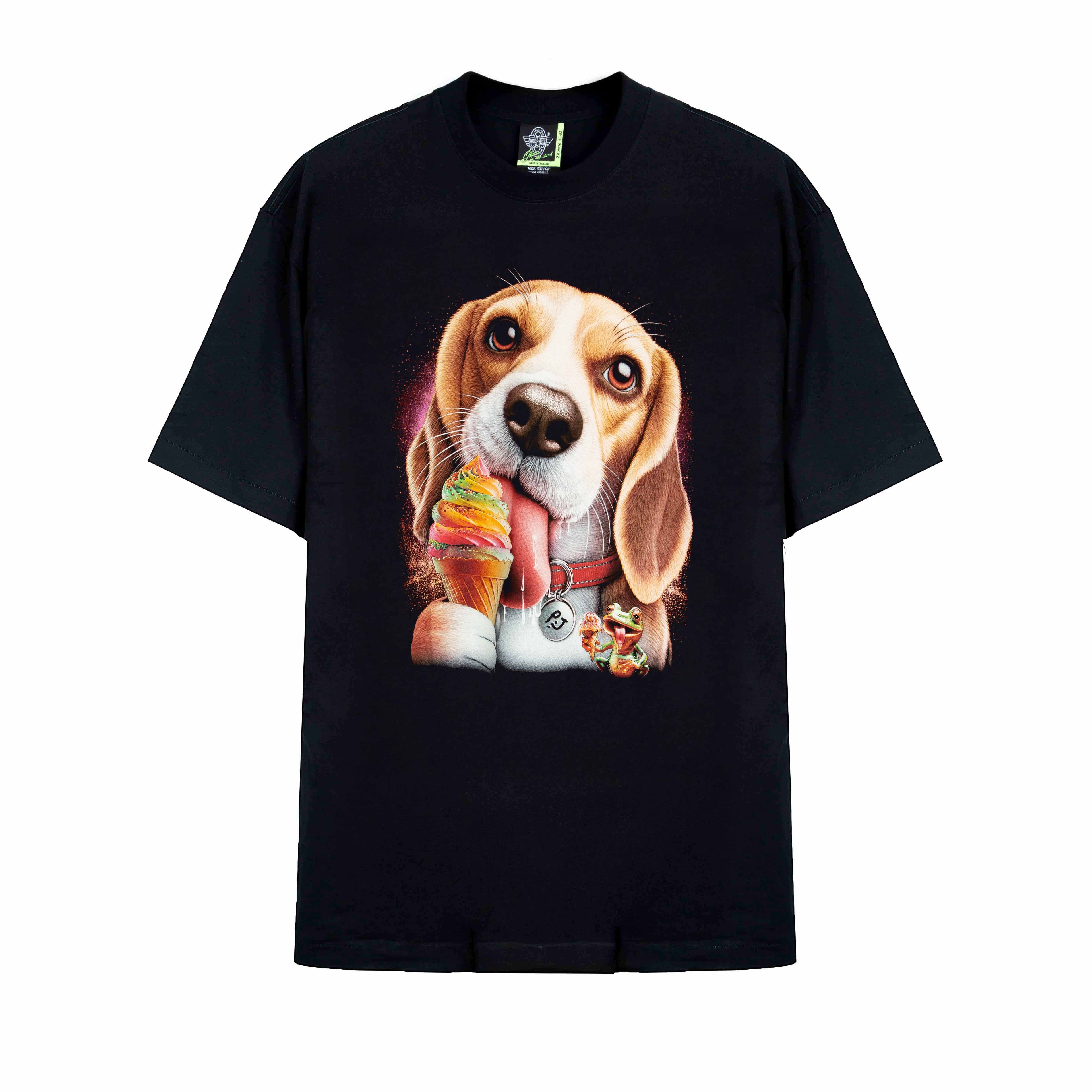 Rock Eagle black unisex t-shirt with a detailed, cute graphic of a Beagle dog happily licking a colorful, rainbow-swirl ice cream cone.
