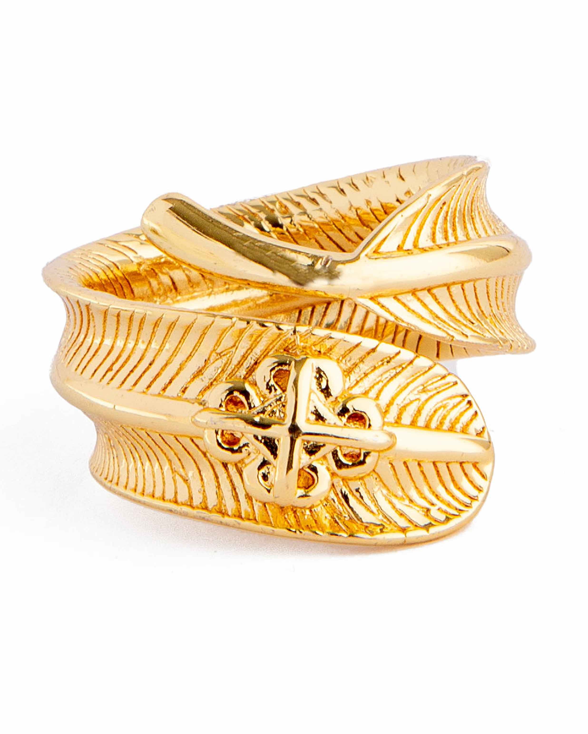 Golden Feather Wrap Ring with Cross, Unisex Statement Jewelry