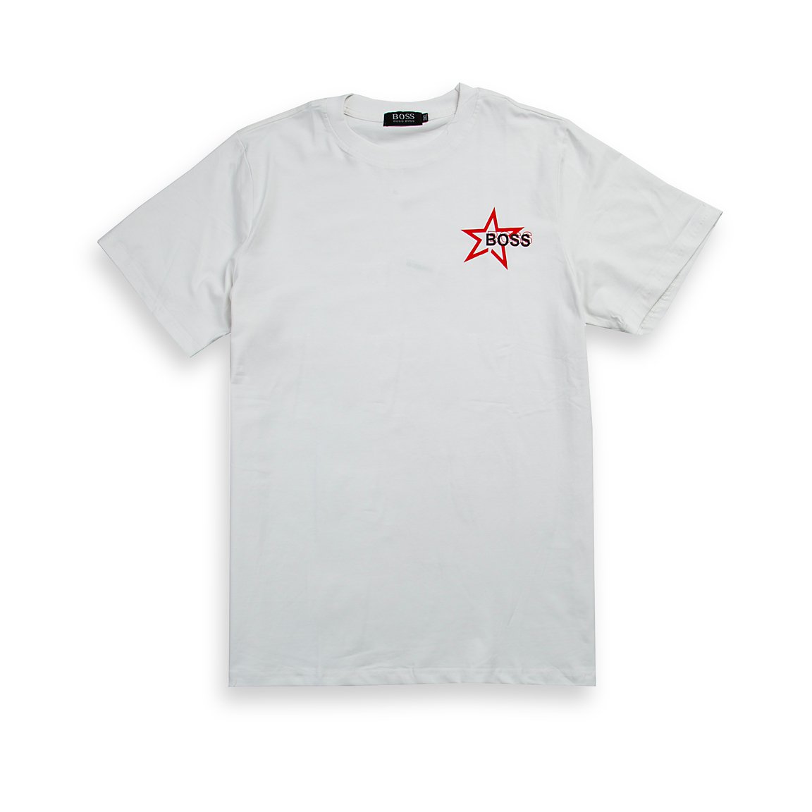 A clean, classic white, short-sleeved, crew-neck t-shirt. It features a small, striking graphic positioned on the left chest area.