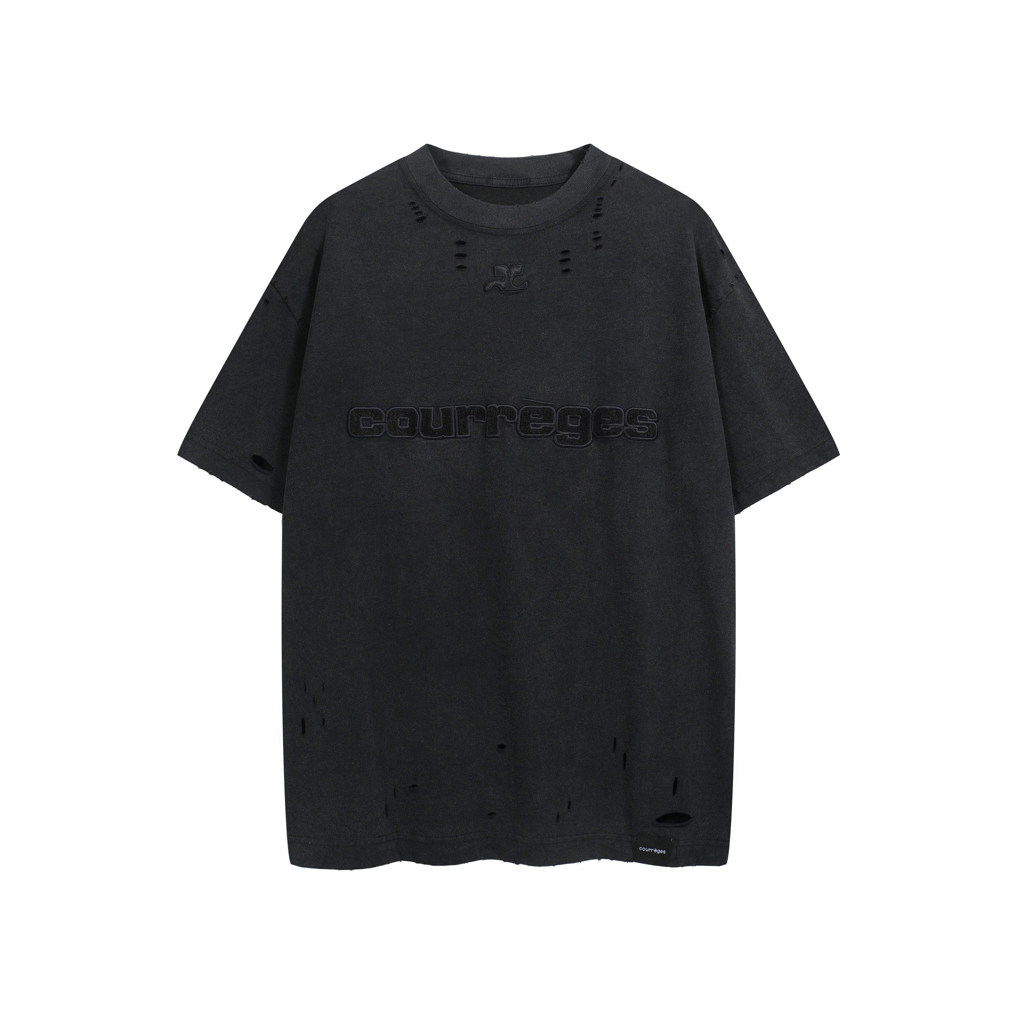 Courrèges Unisex Distressed T-Shirt - Embossed Logo Black