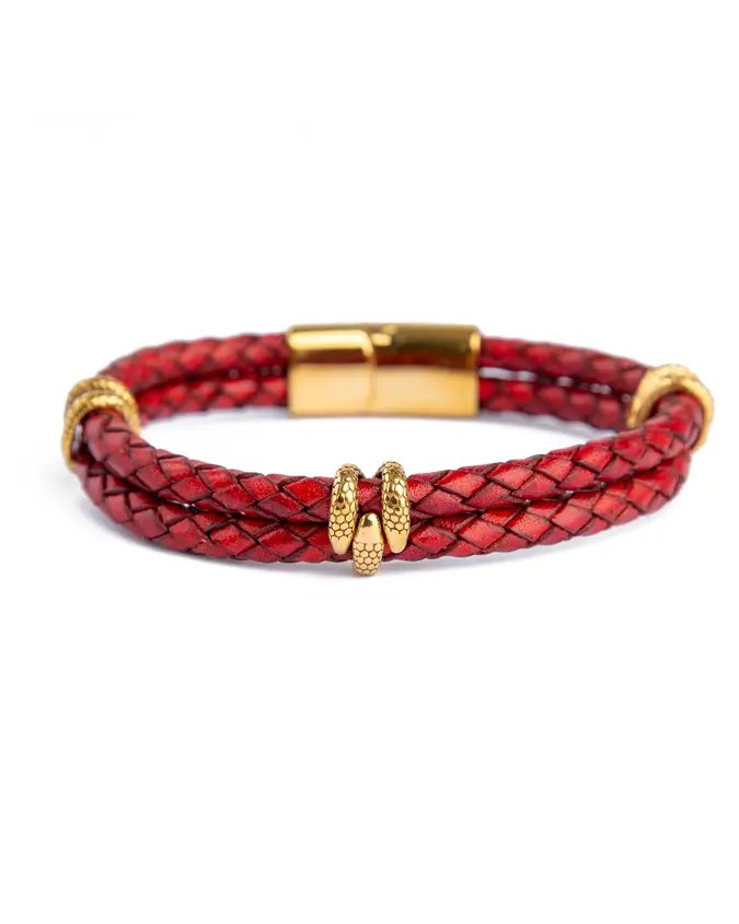Crimson Braided Leather Bracelet, Red Leather with Gold Accents, Men's Accessory