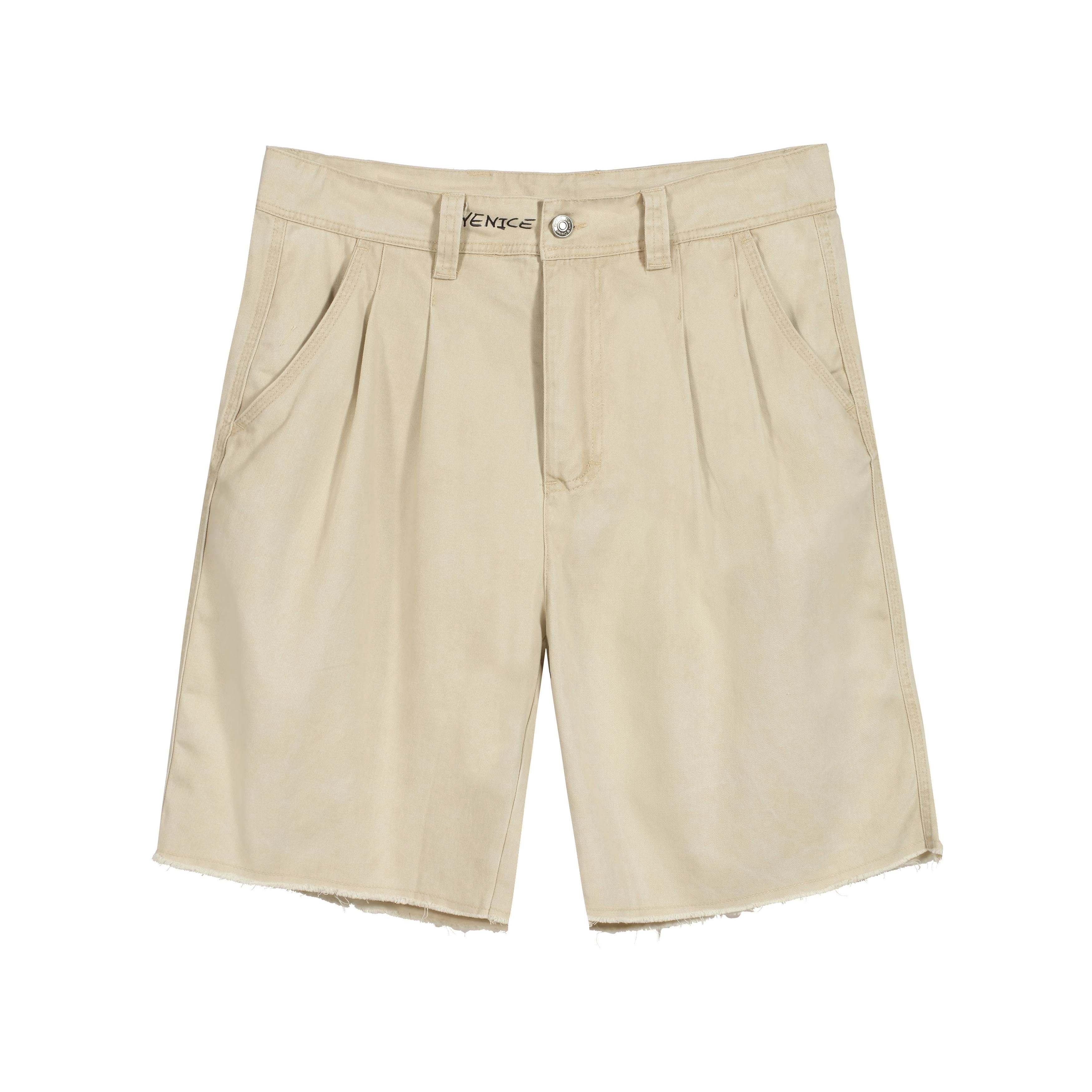 ERL Venice Pleated Work Shorts - Sand Beige Raw Hem