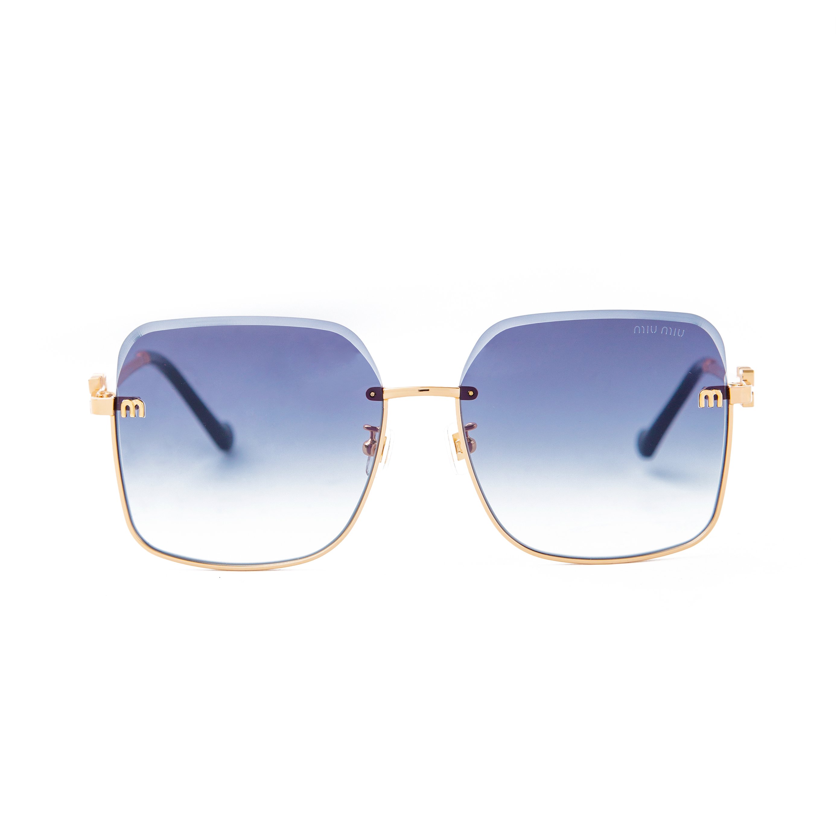 Miu Miu square sunglasses with gold frame and gradient blue lenses, featuring a luxury design. Men's fashion accessory with UV protection and style