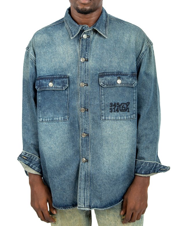 Men's blue denim long-sleeved prom shirt with button-down closure and front pocket.