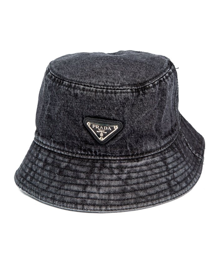 Prada Washed Denim Bucket Hat, Black Denim, Silver Logo, Unisex