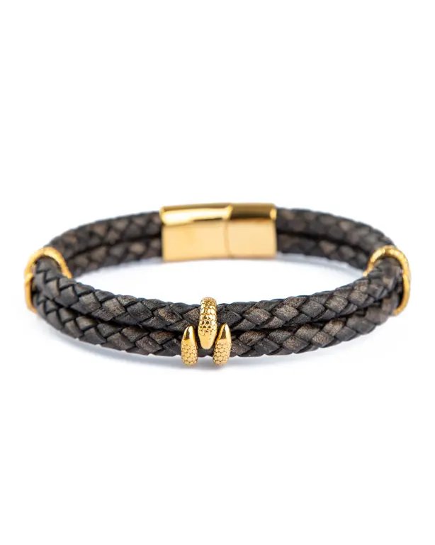 Greenwich Braided Leather Bracelet, Dark Grey Leather with Gold Accents, Men's Accessory