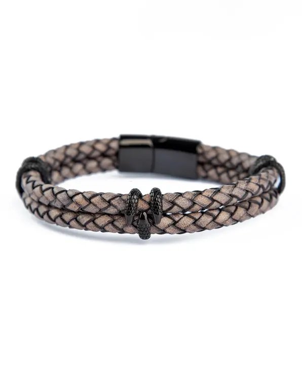 Urban Edge Braided Leather Bracelet, Dark Grey Leather with Black Metal, Men's Accessory