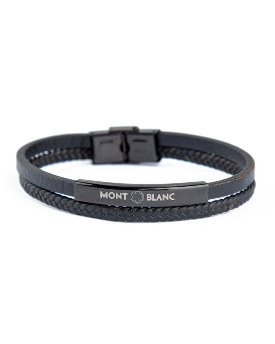 Montblanc Leather and Steel Bracelet, Black Leather, Silver Steel Plate, Men's Accessory