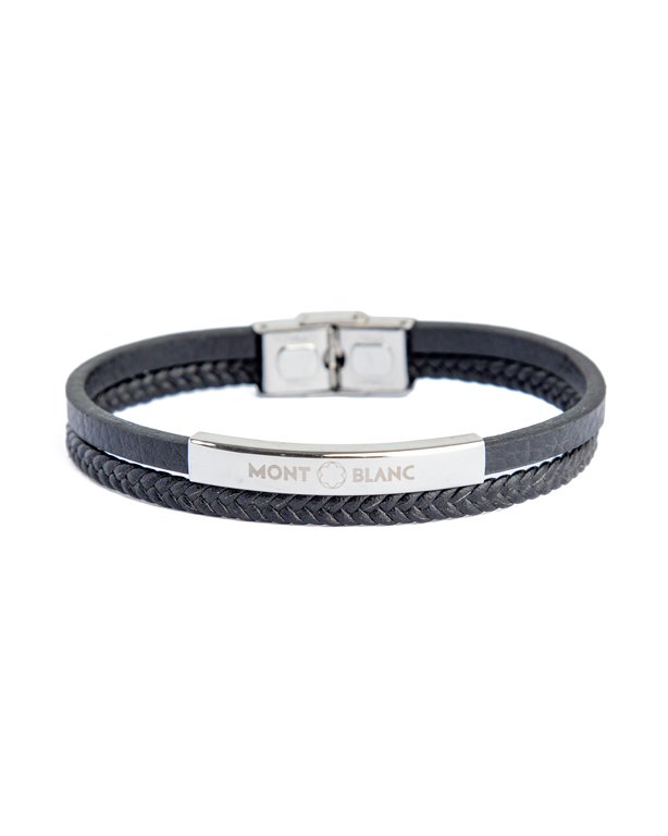 Dual Texture Leather and Steel Bracelet, Black Leather, Silver Steel, Men's Accessory