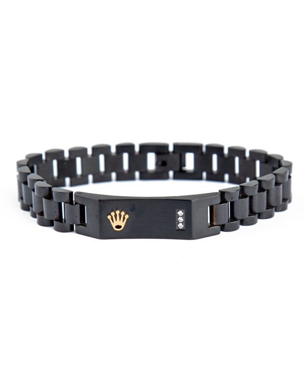 Black watch band style bracelet with crown detail.