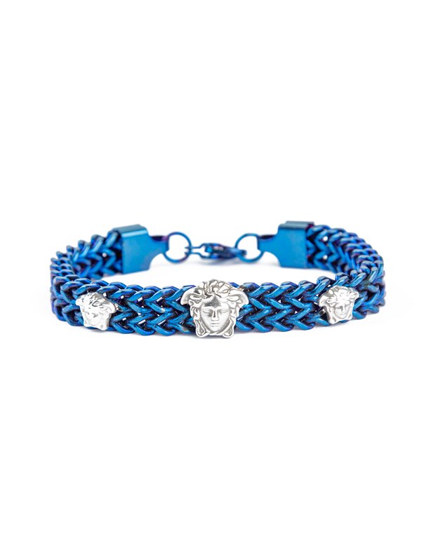 Blue petroleum braided metal bracelet with Medusa heads.