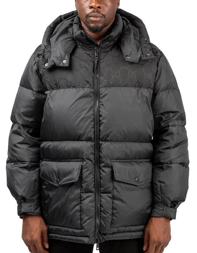 Gucci black GG pattern down jacket, men's/unisex quilted nylon outerwear.