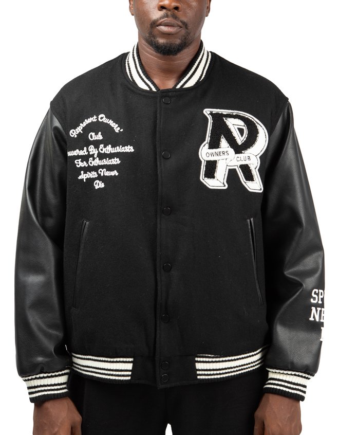 Represent Owners' Club black bomber jacket, unisex streetwear outerwear.