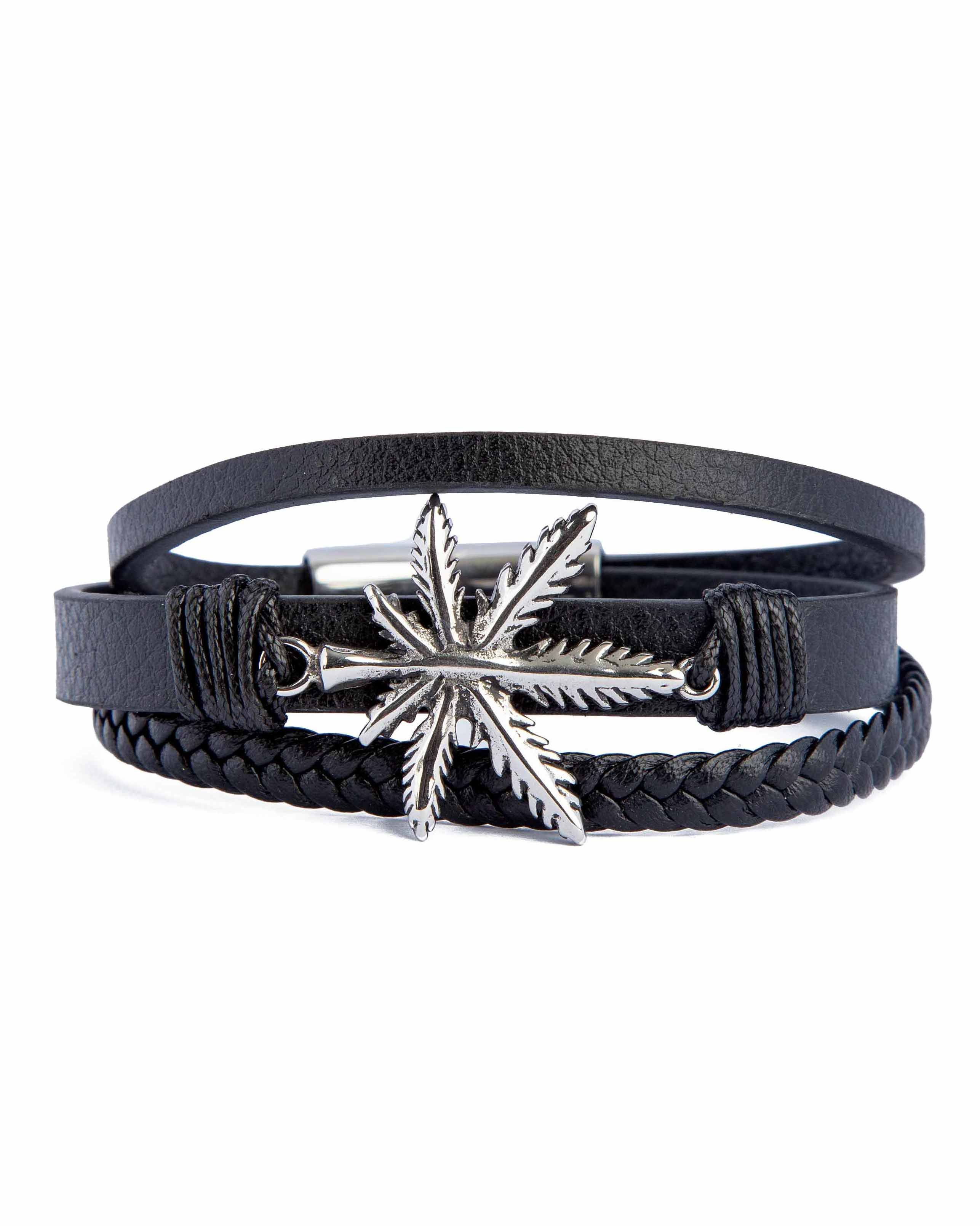 Layered Black Leather Leaf Bracelet