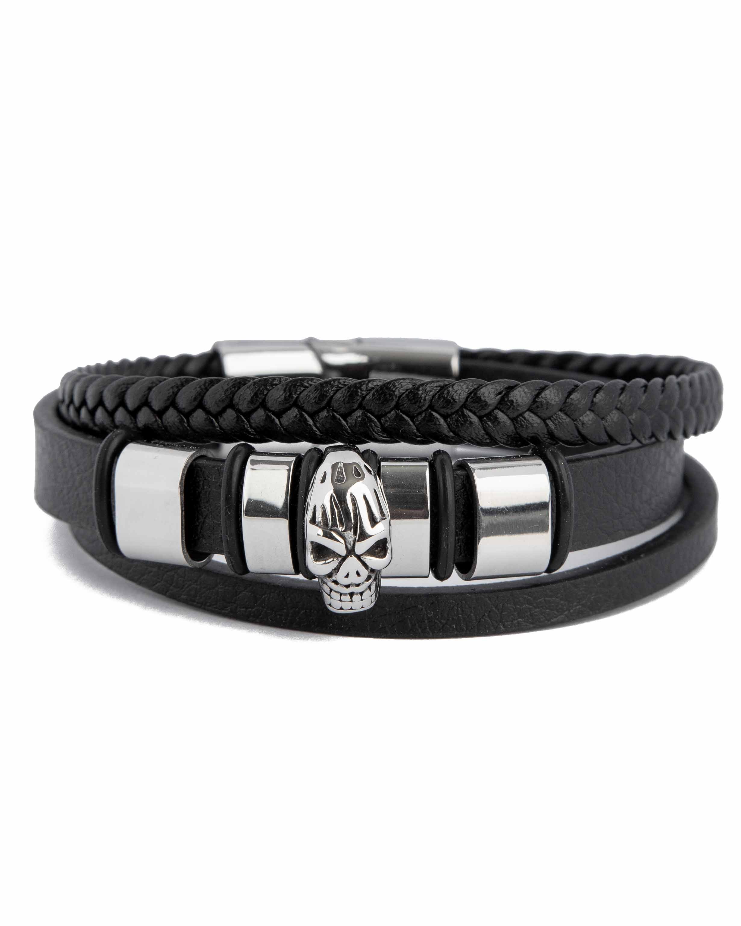 Black Leather Skull Layered Bracelet