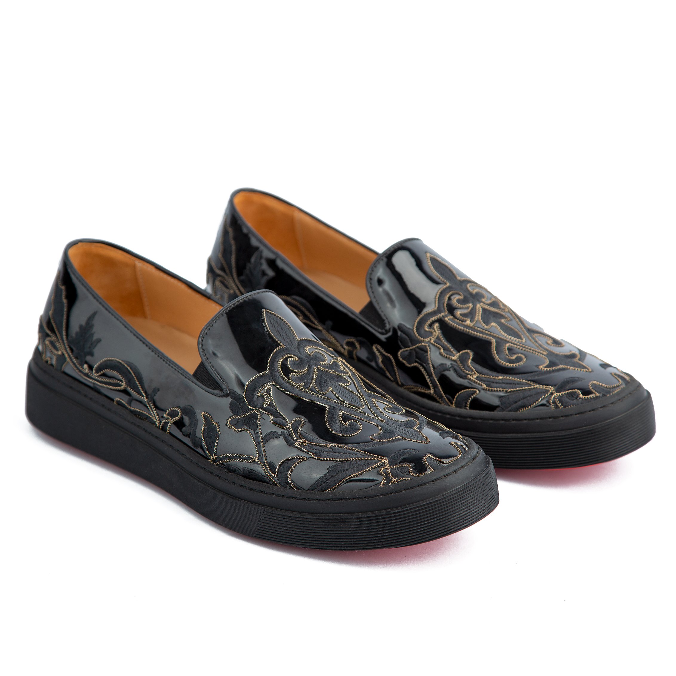 Glossy black men's slip-on loafers with gold embroidery - Stylish and comfortable formal footwear.