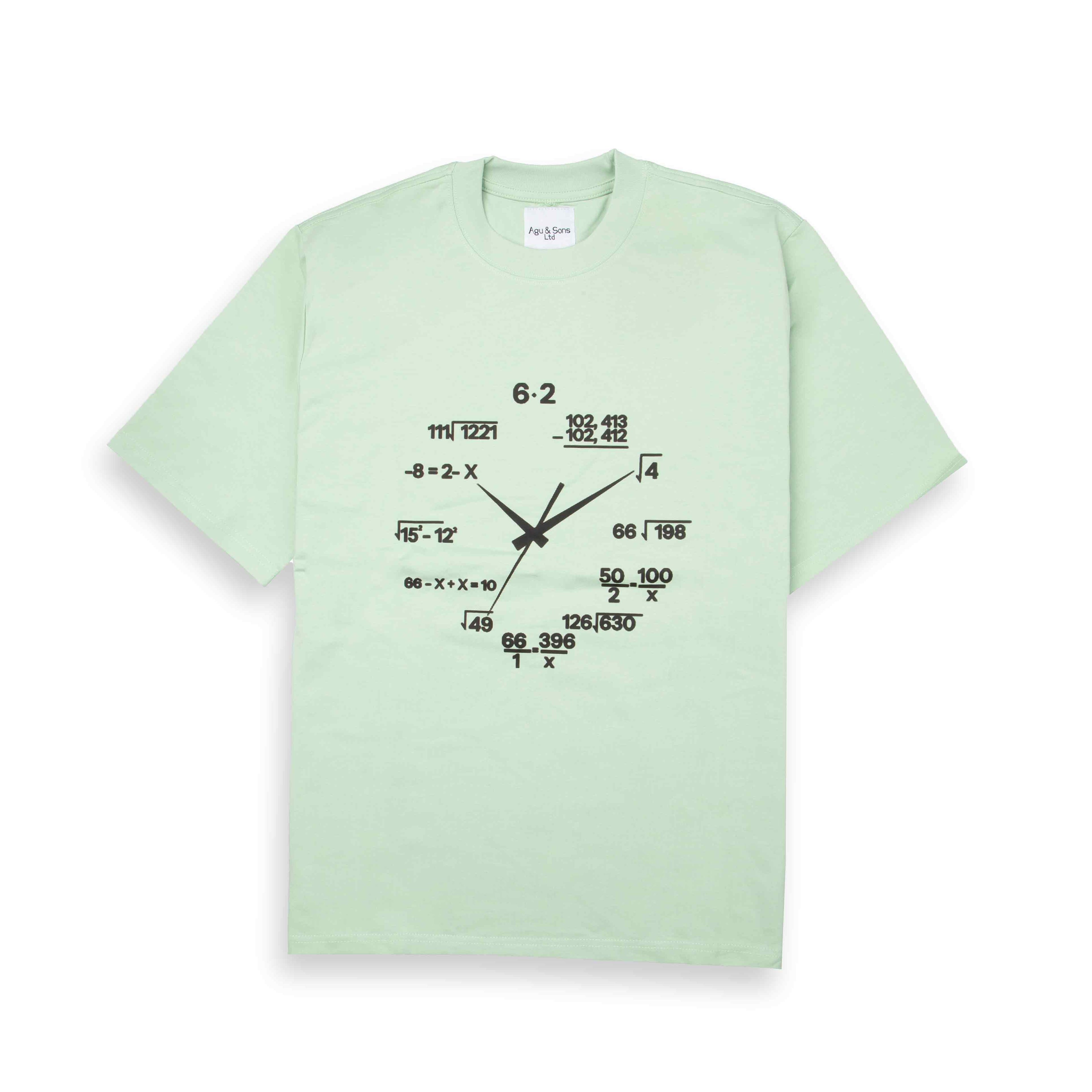 Minted Green t-shirt with mathematical clock face graphic.