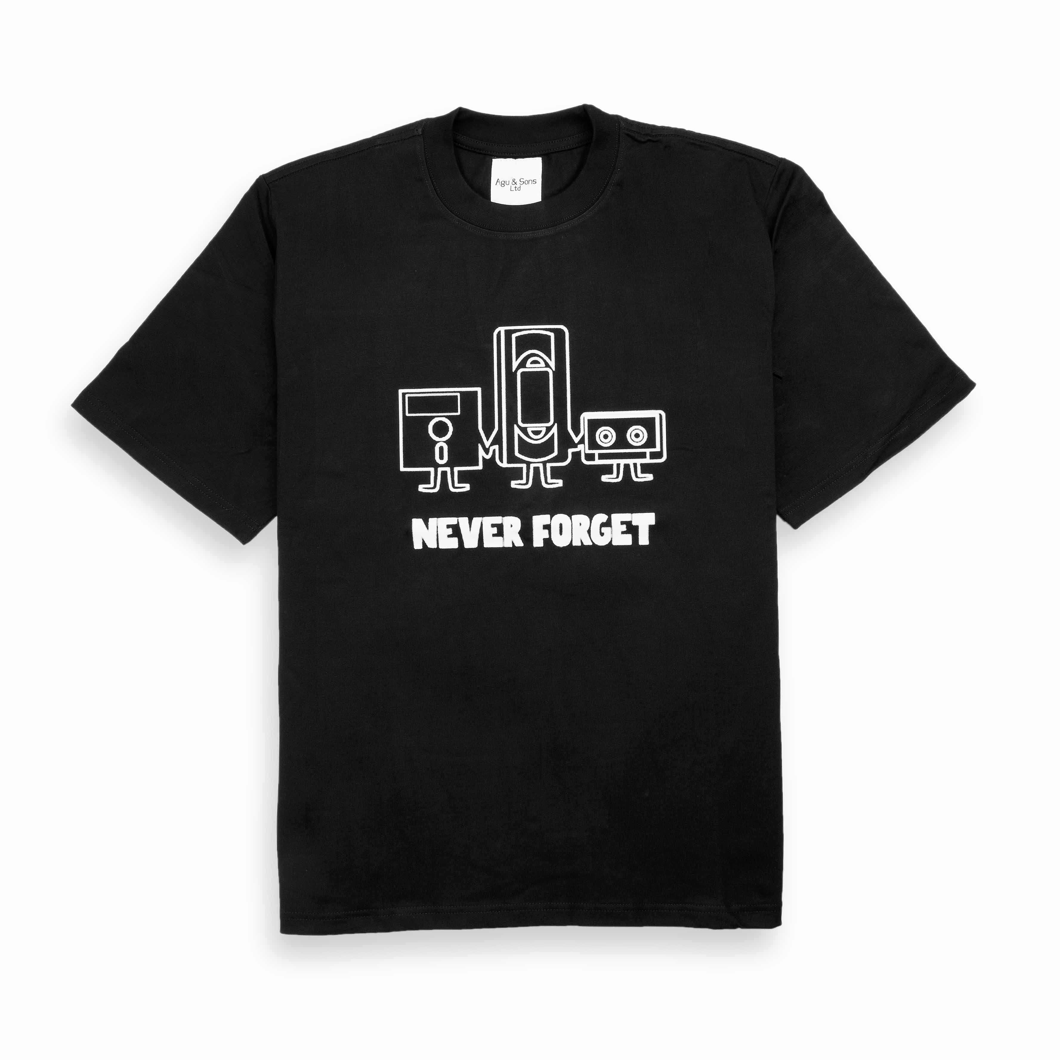 Agu & Sons black t-shirt with retro floppy disk, VHS, and cassette graphic.