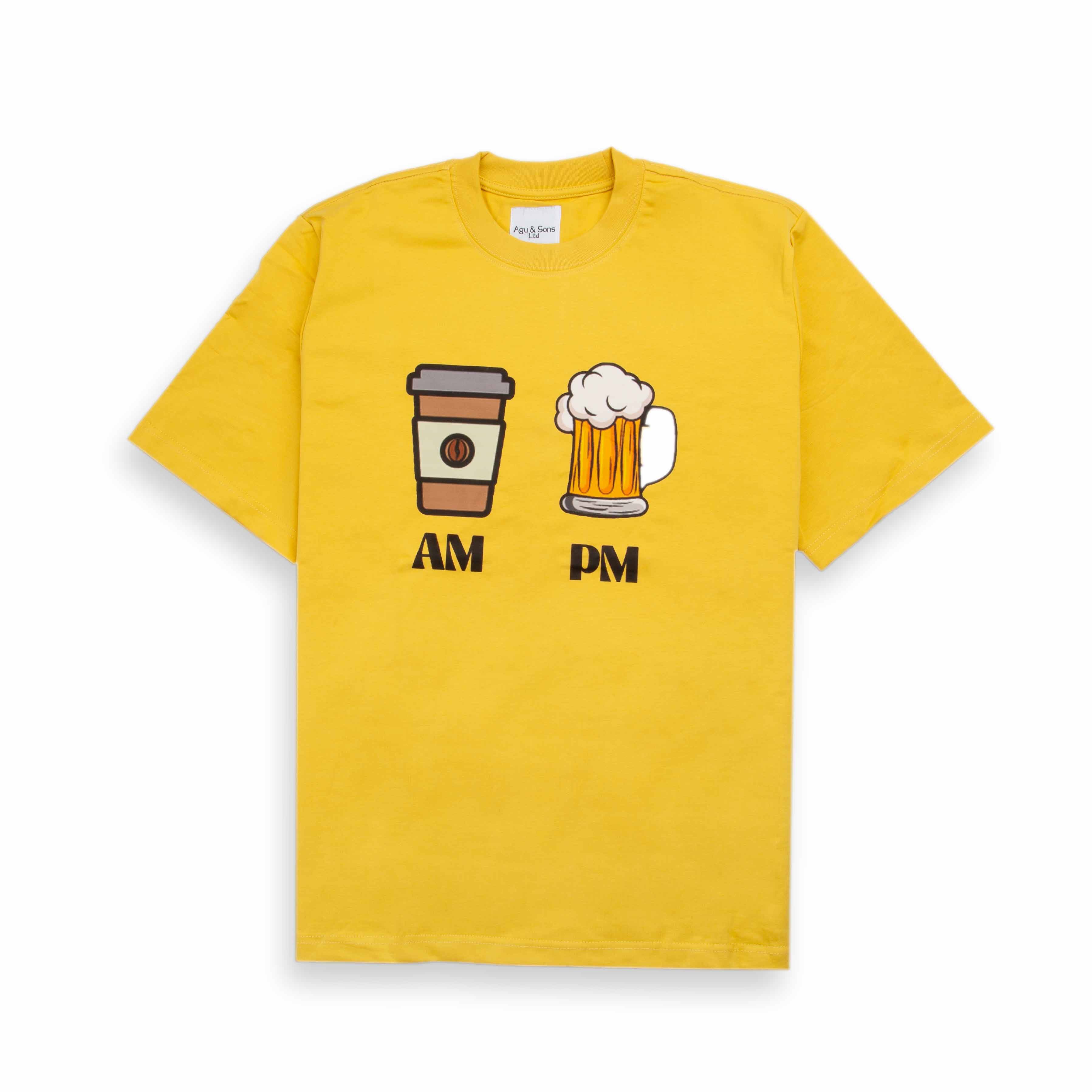 Agu & Sons yellow t-shirt with coffee and beer AM PM graphic.