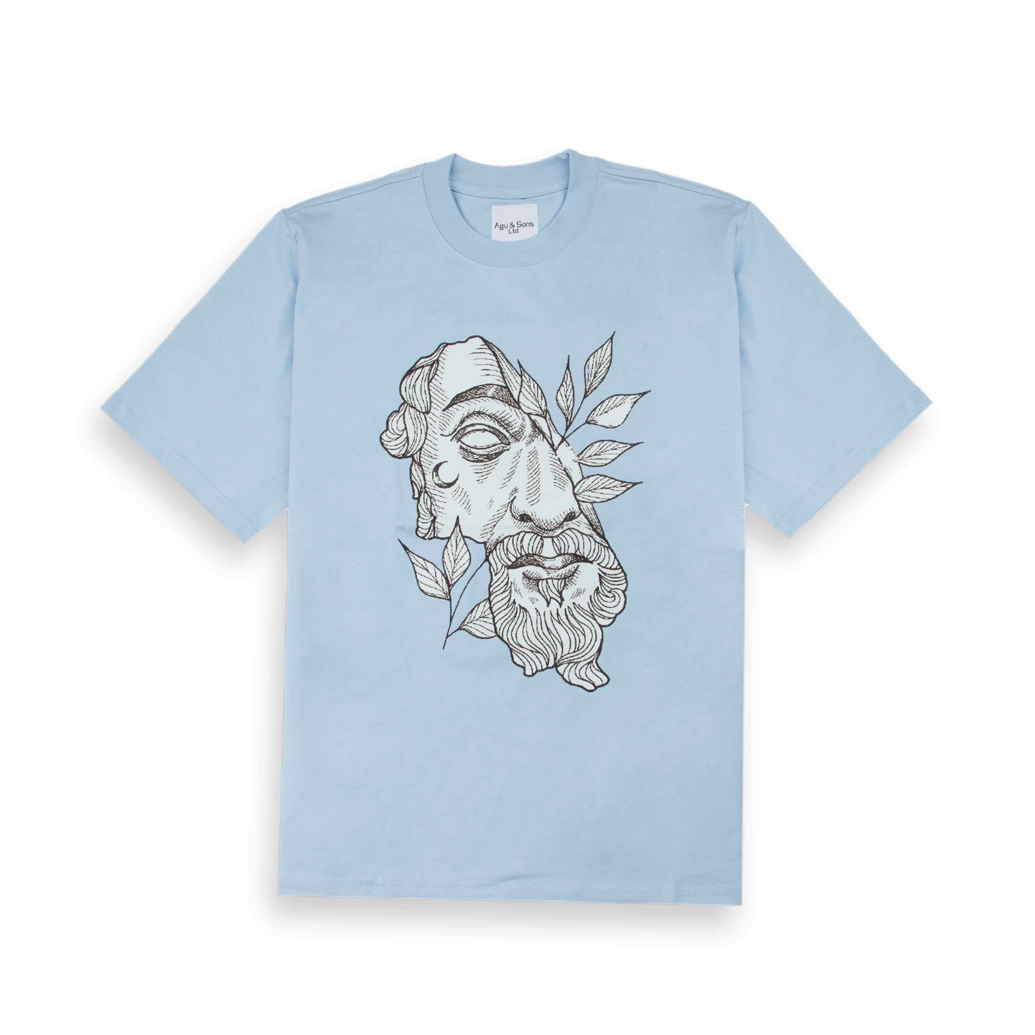 Agu & Sons light blue t-shirt with ancient philosopher bust and leaves graphic.