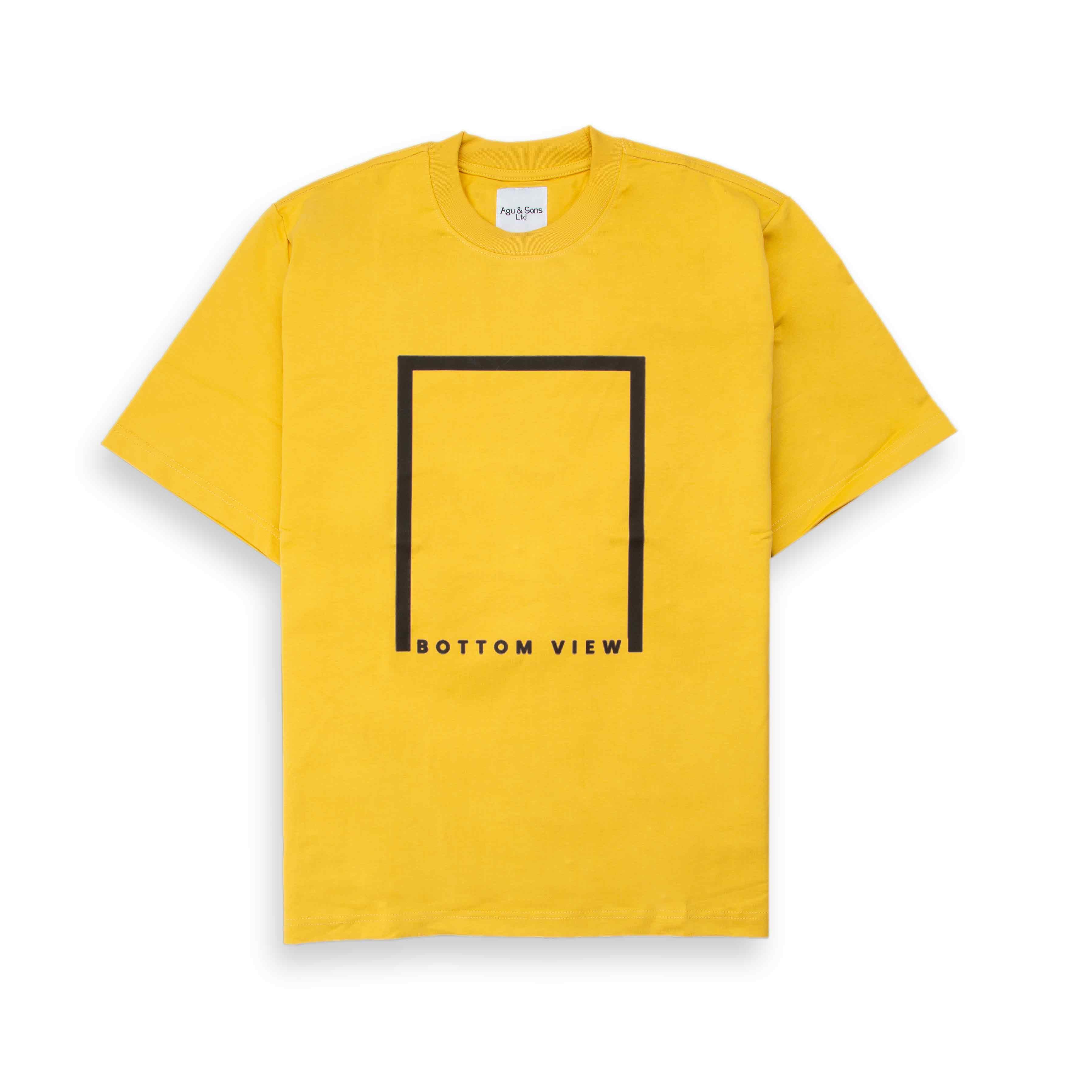 Yellow t-shirt with black square and "BOTTOM VIEW" text. Graphic tee.