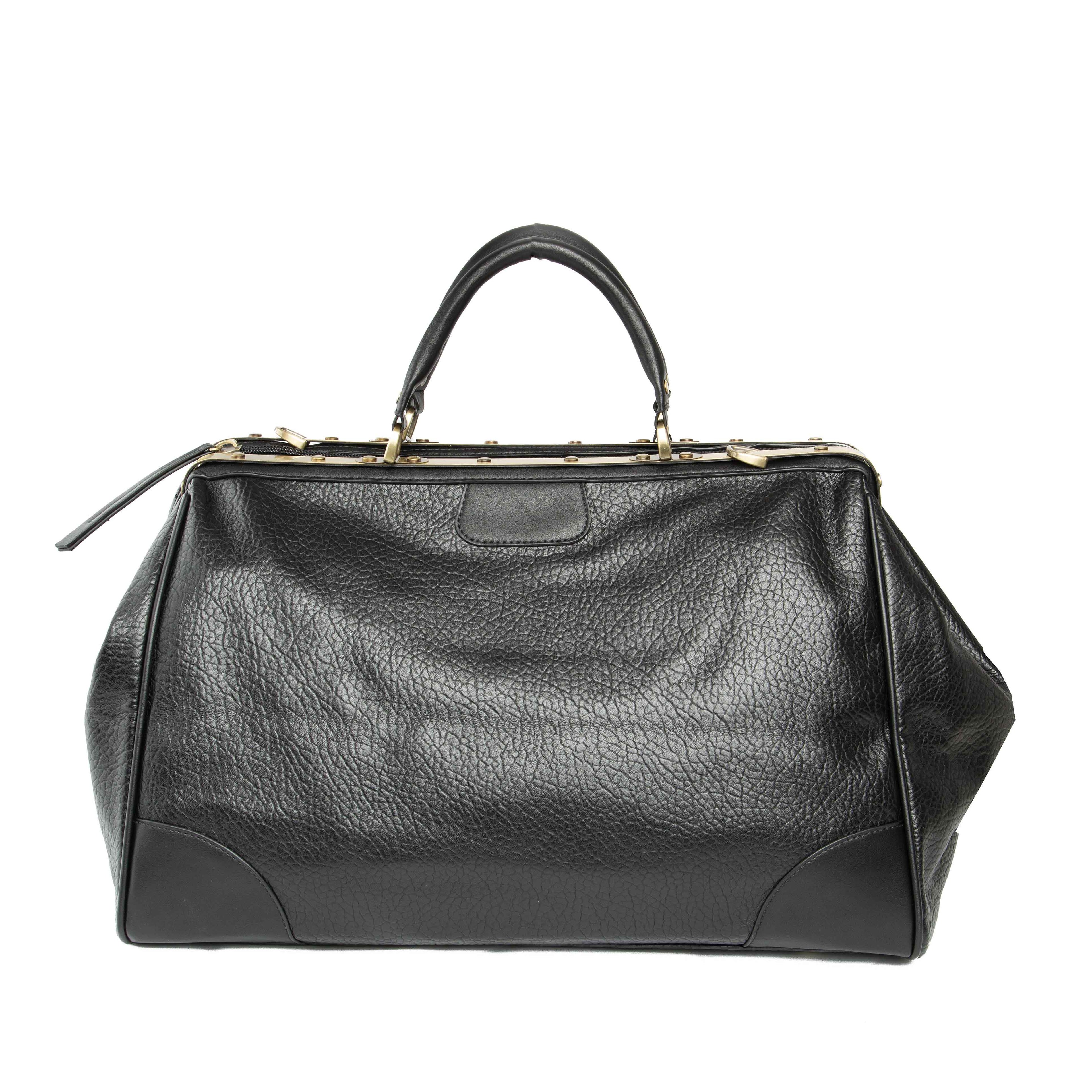 Black Textured Leather Frame Travel Bag 