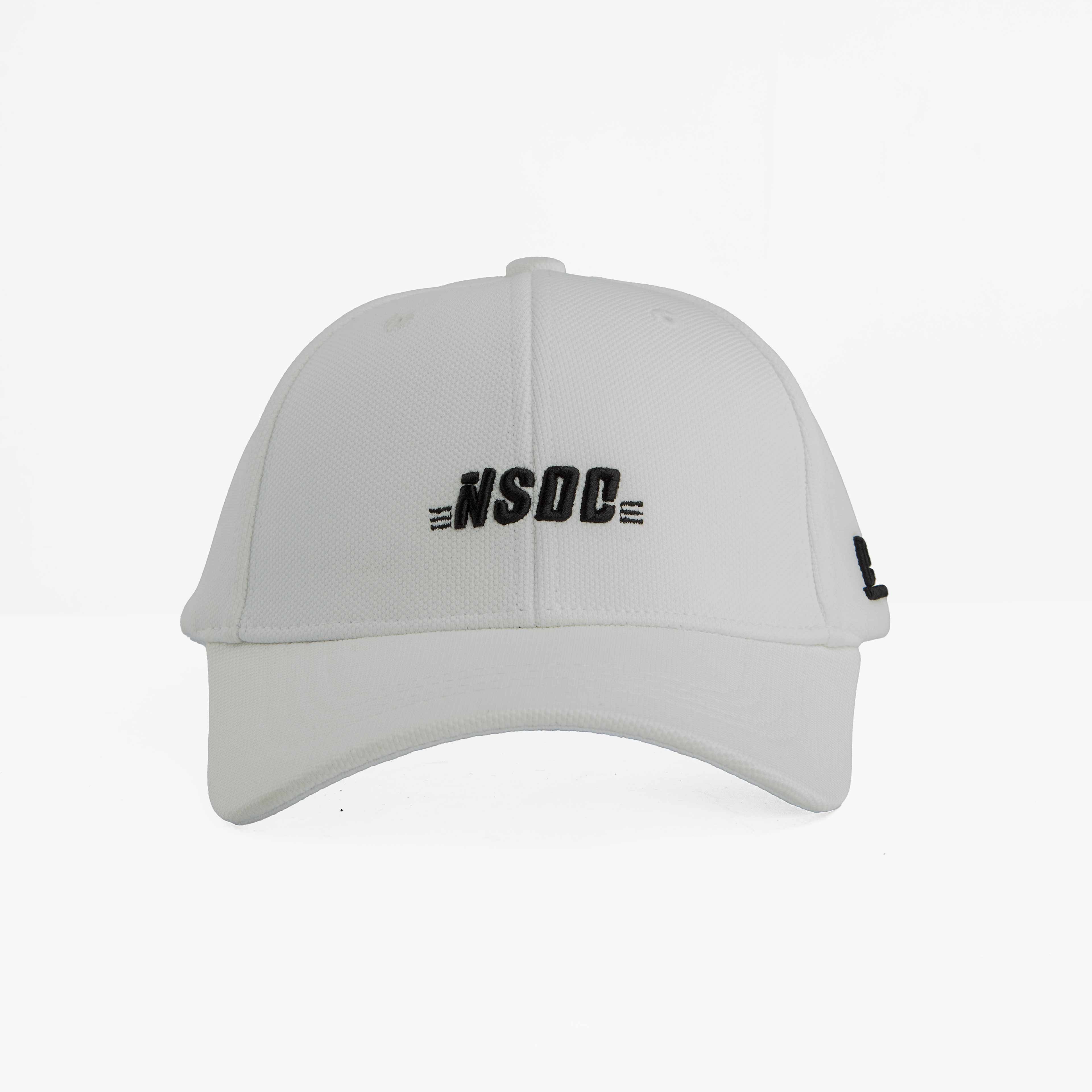 Modern white sports cap with bold black "NSDC" embroidery. Ideal for athletes or casual wear, offering comfort and style. Unisex design.