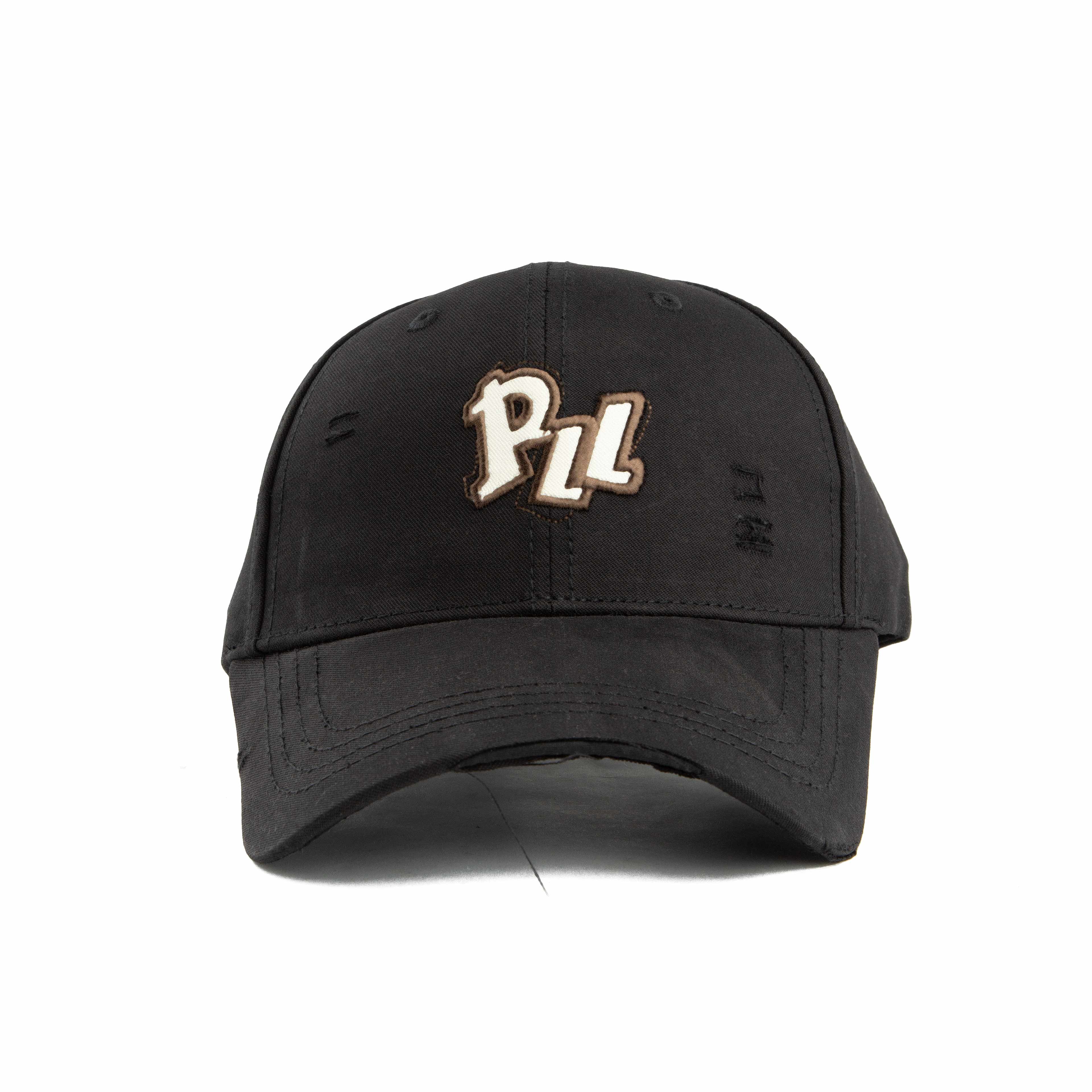 Trendy distressed black baseball cap featuring stylish "PLL" embroidery. Perfect for a vintage-inspired, casual, and comfortable unisex look.