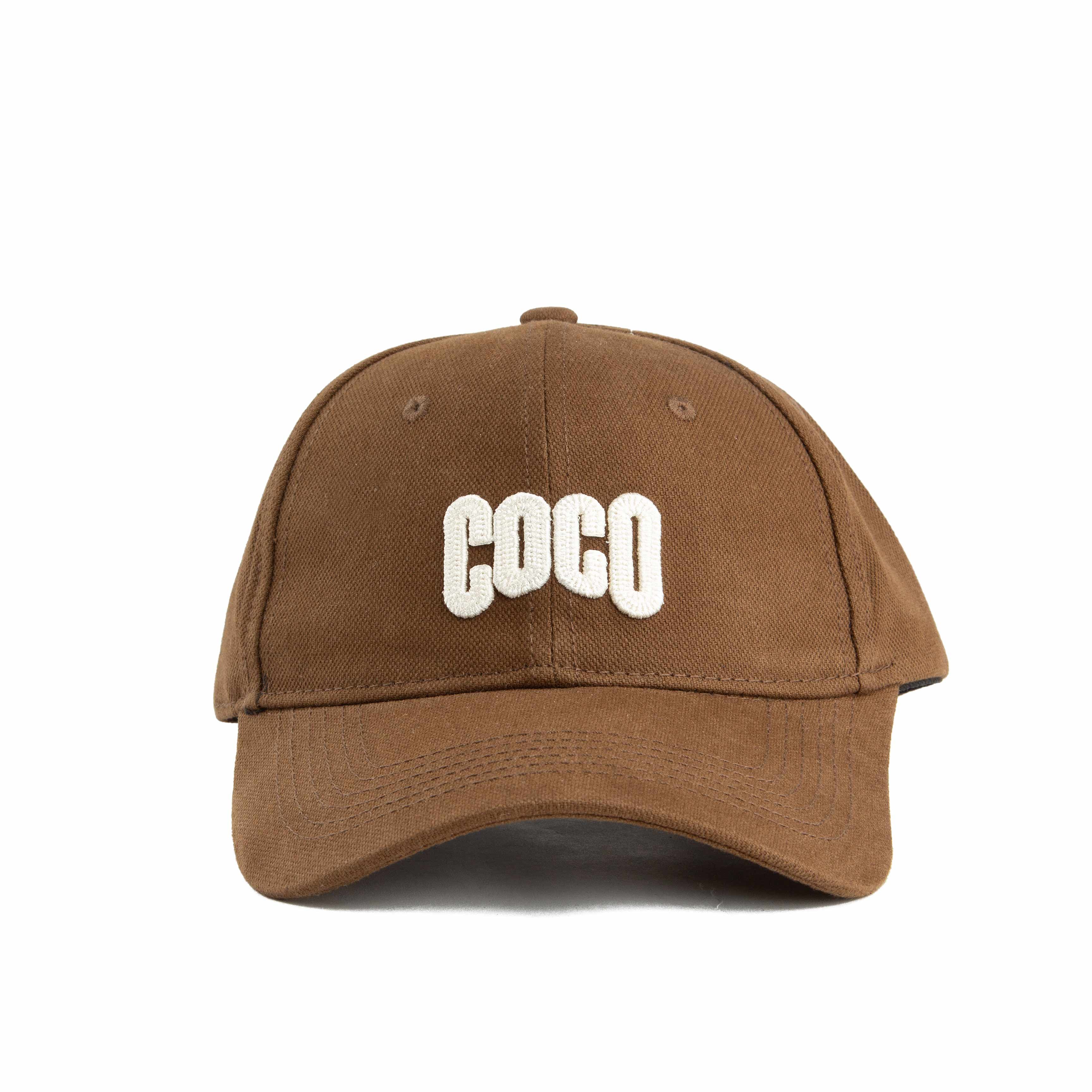 Stylish brown baseball cap featuring bold white "COCO" embroidery. A classic, comfortable, and versatile accessory for any casual unisex outfit.