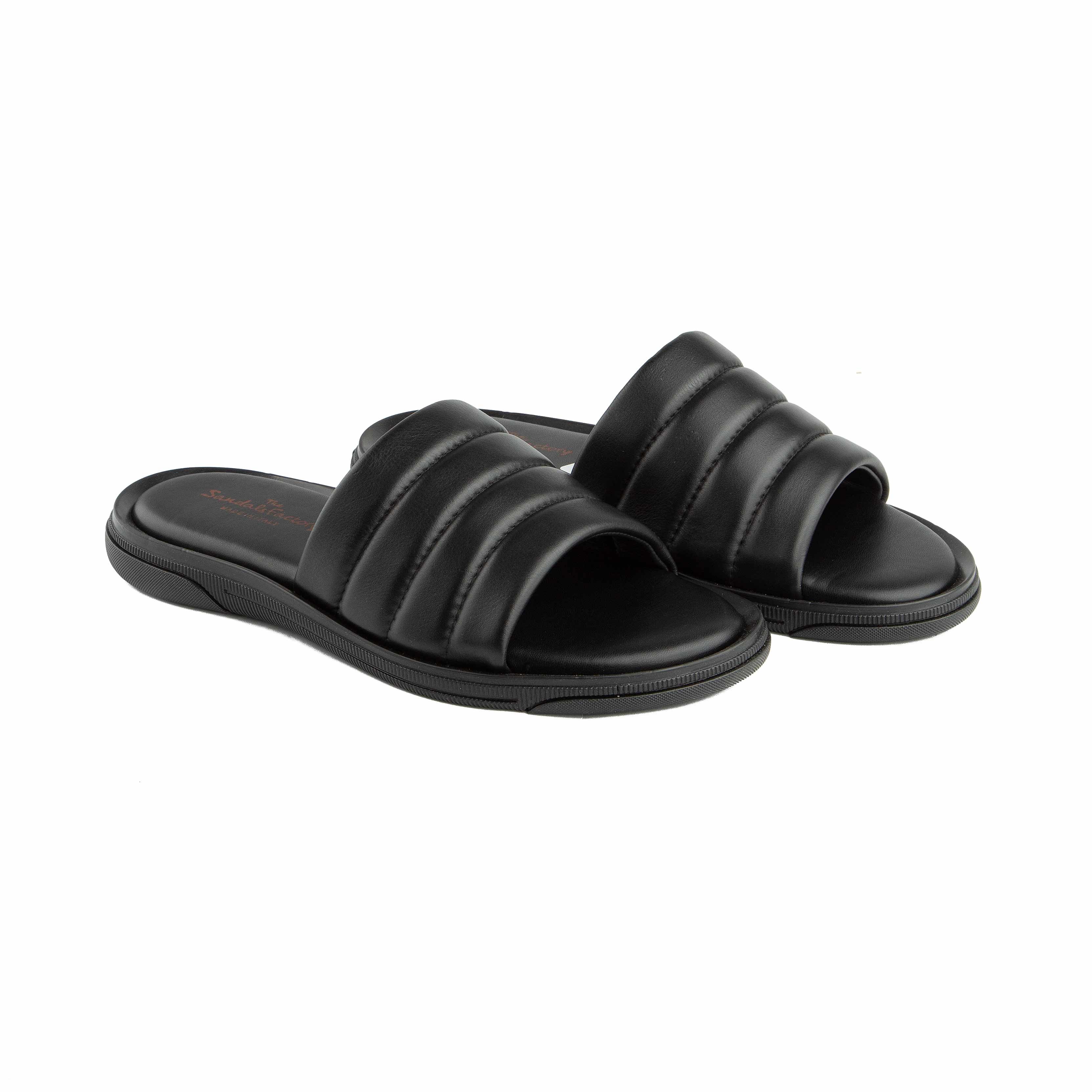 Stylish black padded strap slide sandals. Modern, comfortable, and versatile for men and women. Perfect for casual wear.