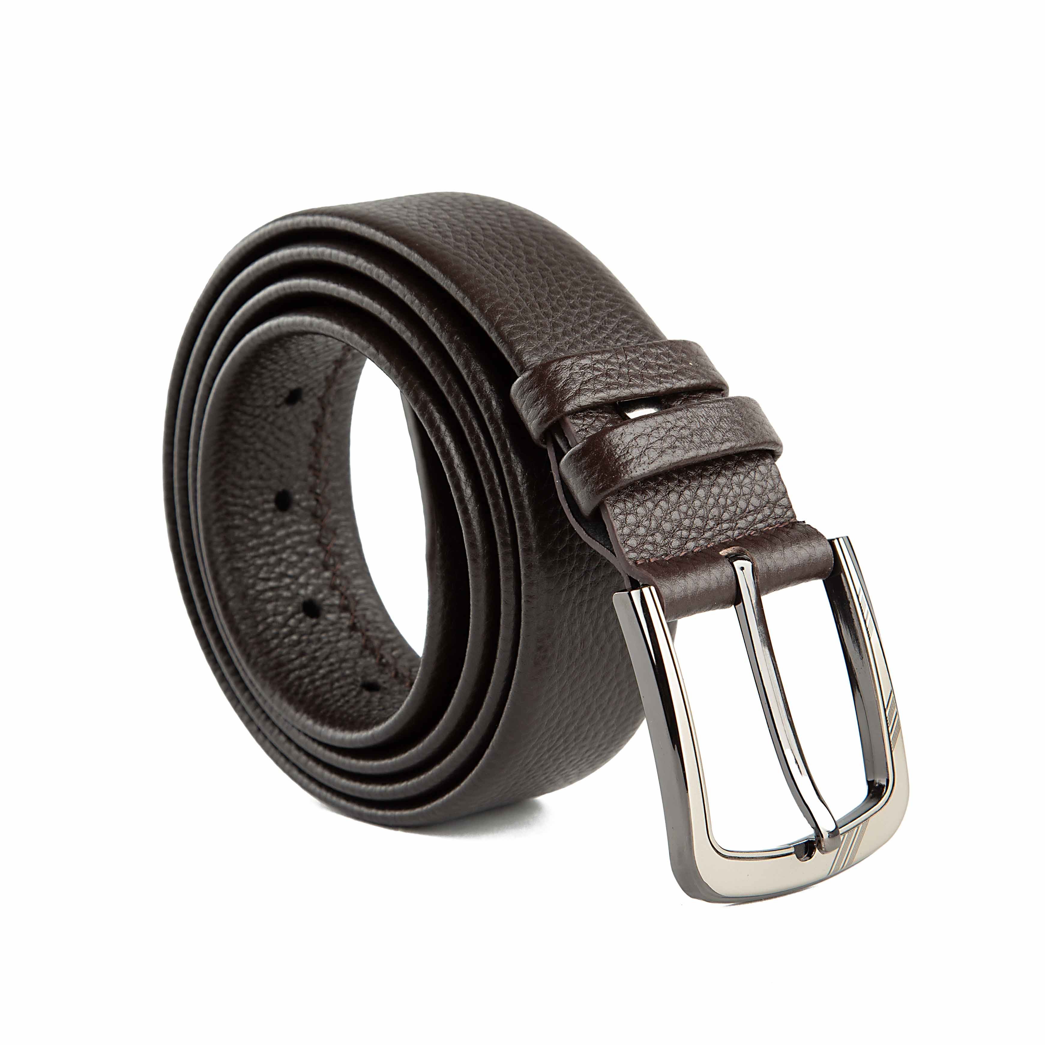 Agu & Son Ltd Men's Classic Brown Leather Belt with Polished Silver Buckle - Everyday Dress Belt