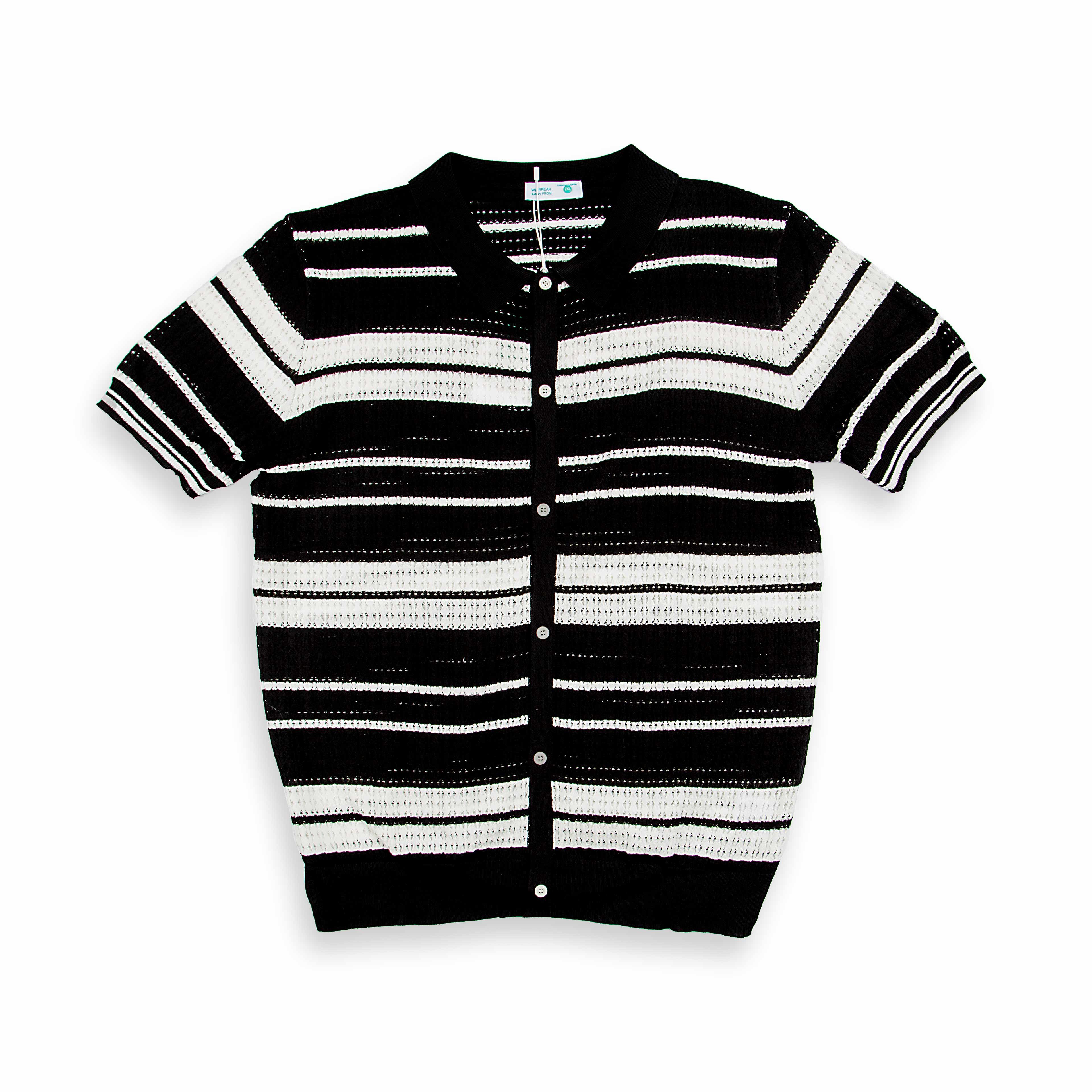 Striped Knit Short Sleeve Cardigan Shirt - Black White