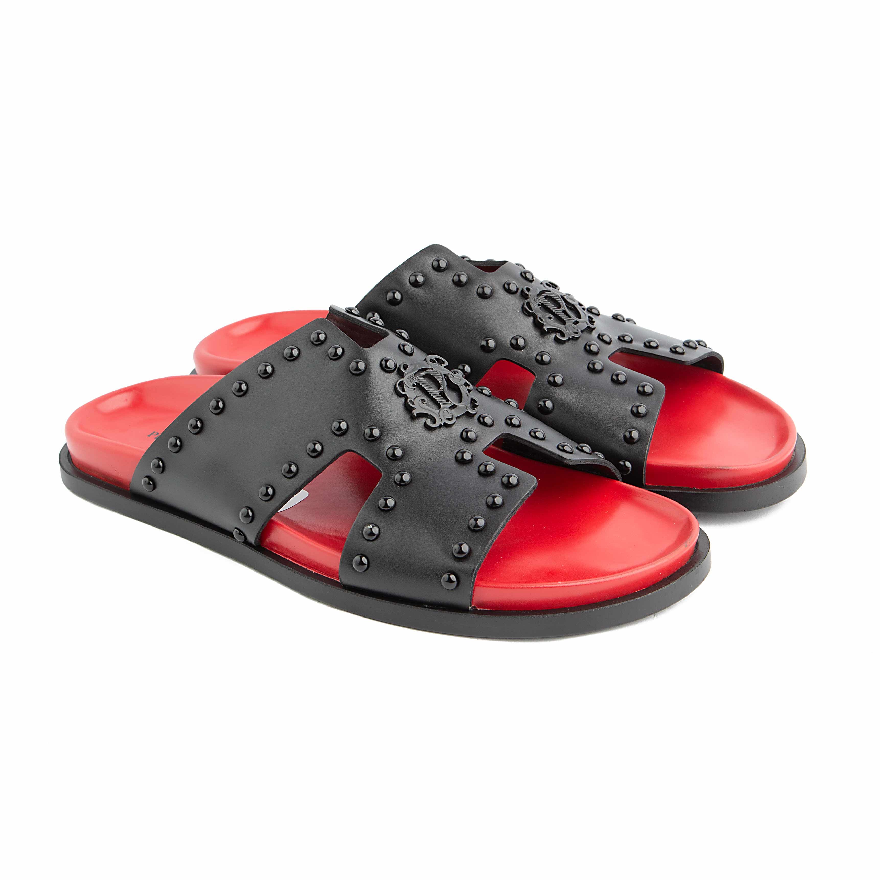 Peter Ascot Black Studded Red Footbed Slide Sandals