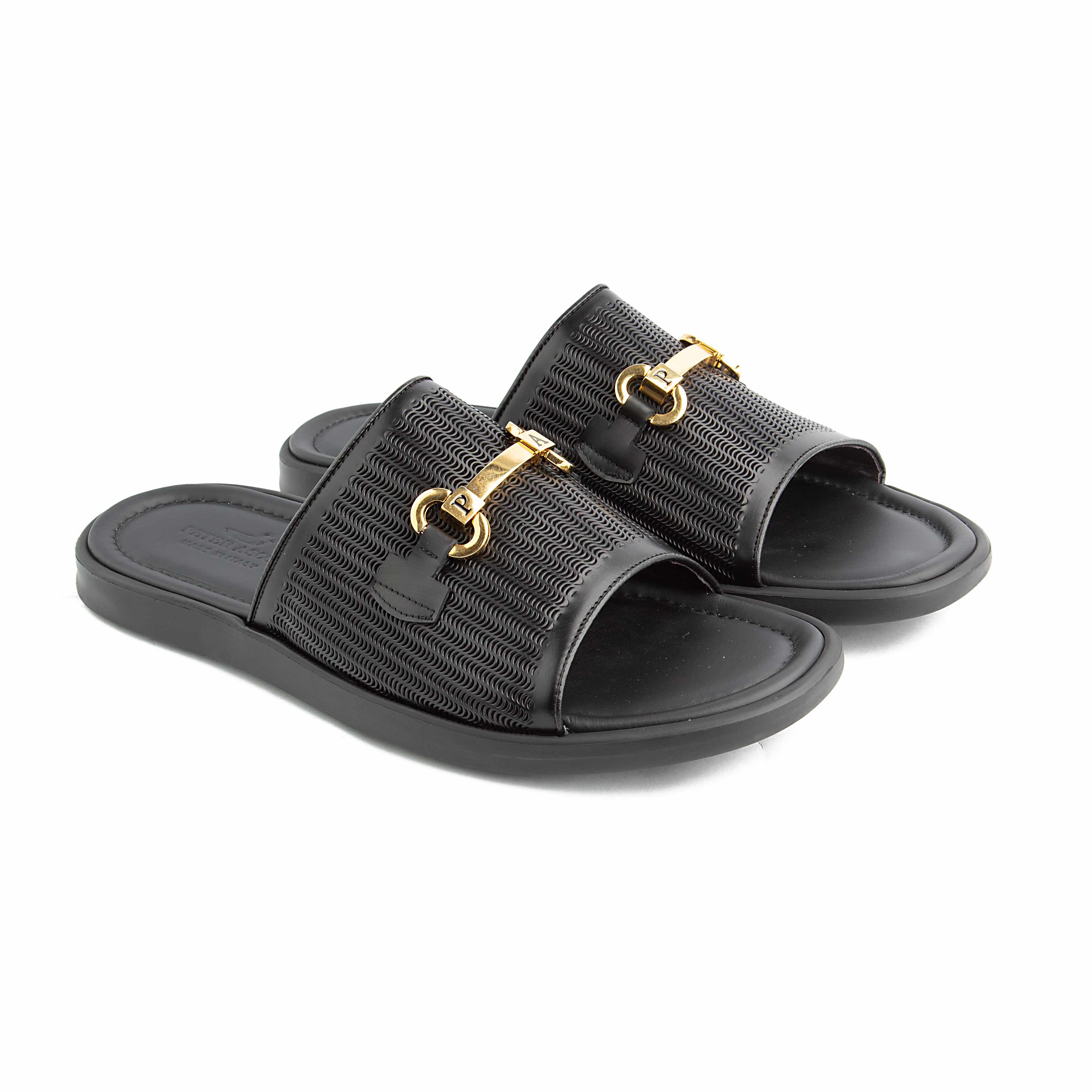 Peter Ascot Men's Black Leather Gold Buckle Slides