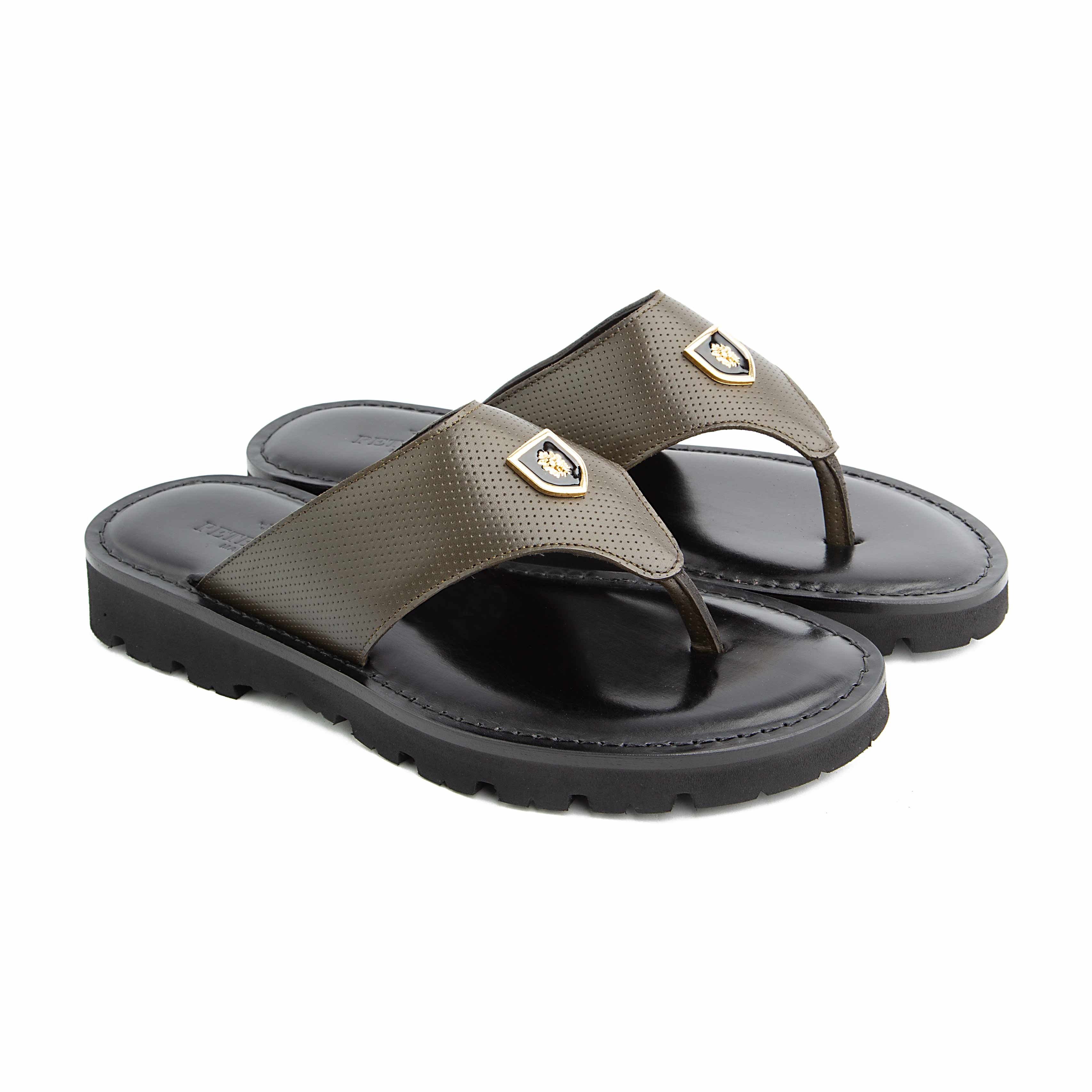 Peter Ascot Men's Olive Leather Emblem Thong Sandals