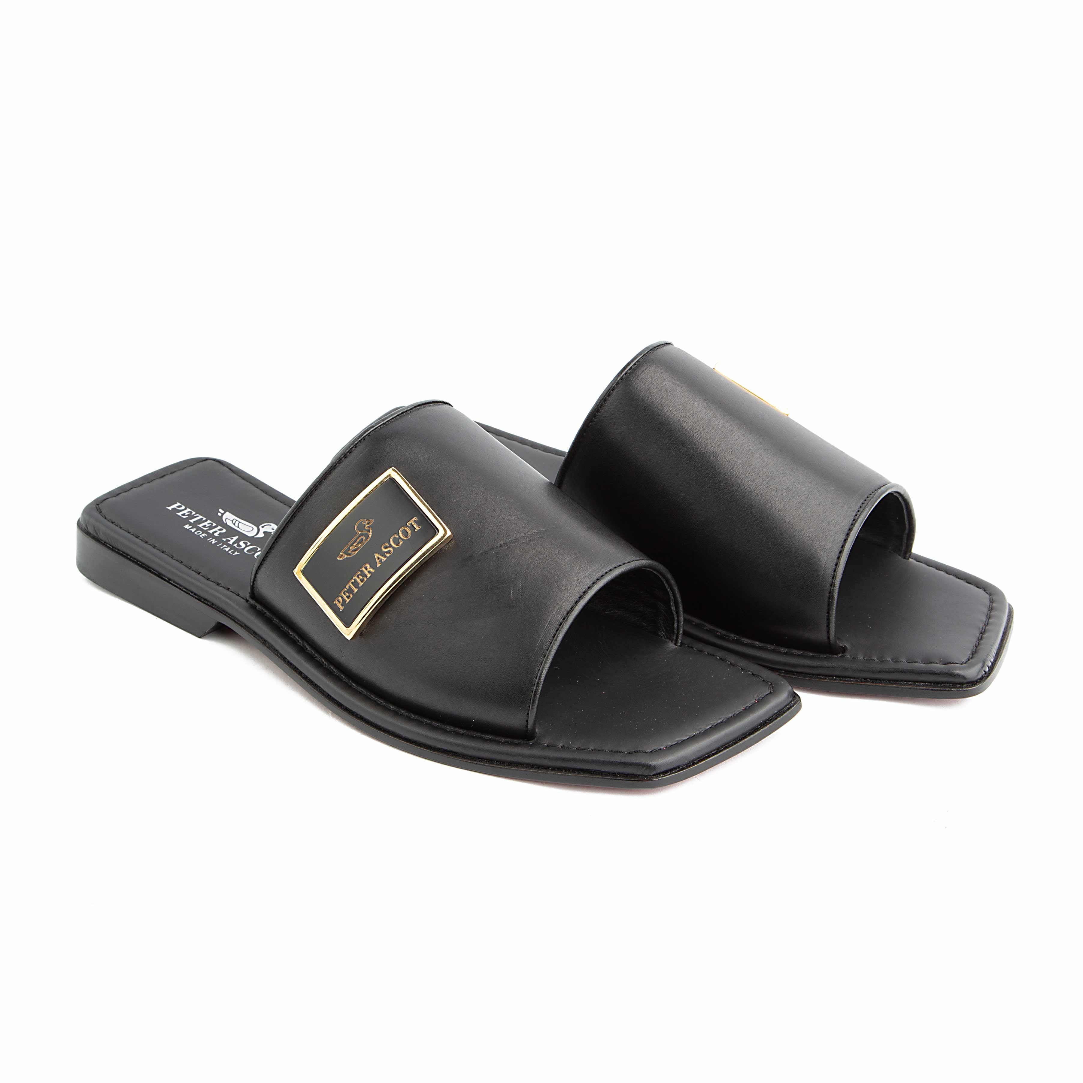 Peter Ascot Men's Black Leather Gold Plaque Slides
