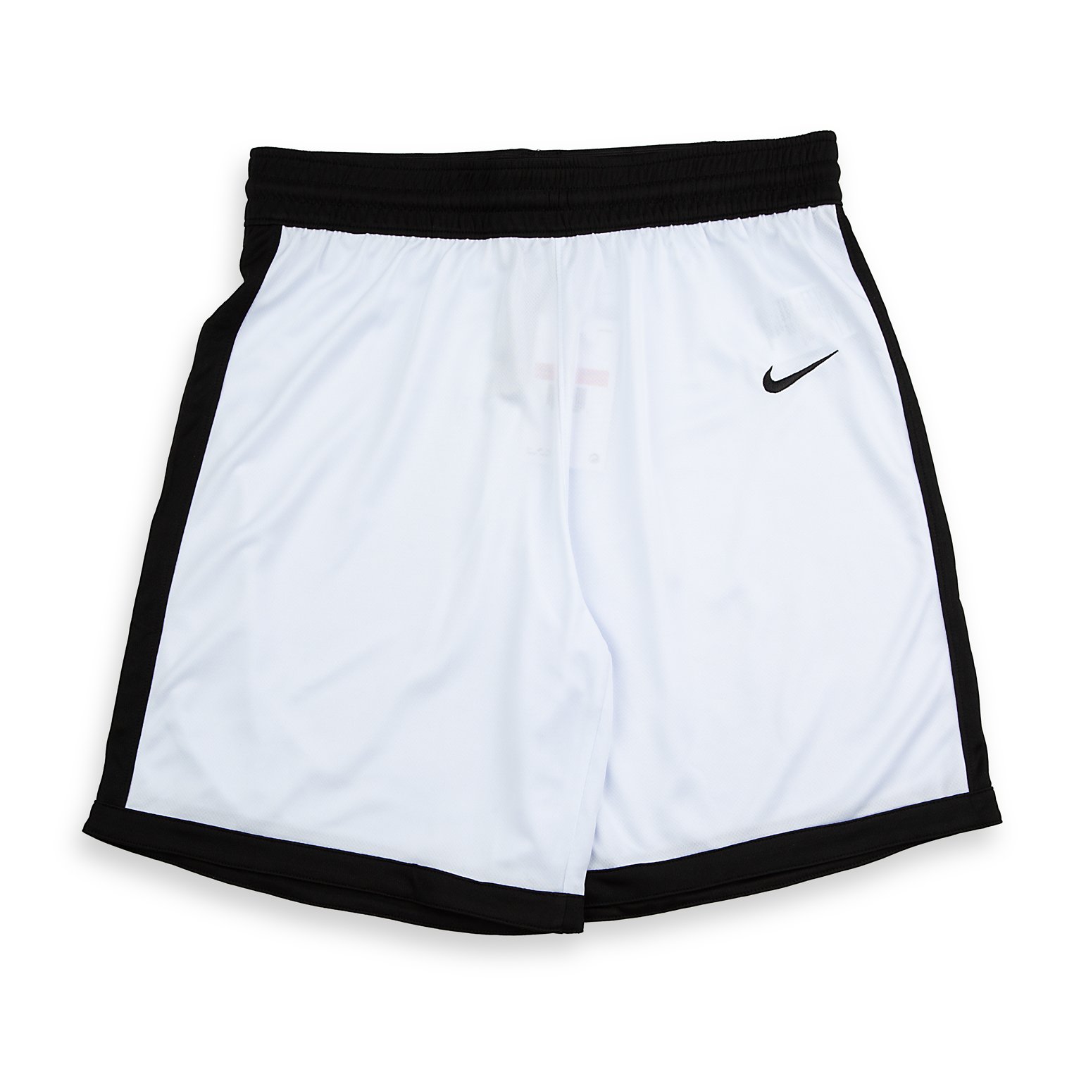 Nike Dri-FIT basketball shorts in white with black trim, and an embroidered black swoosh.