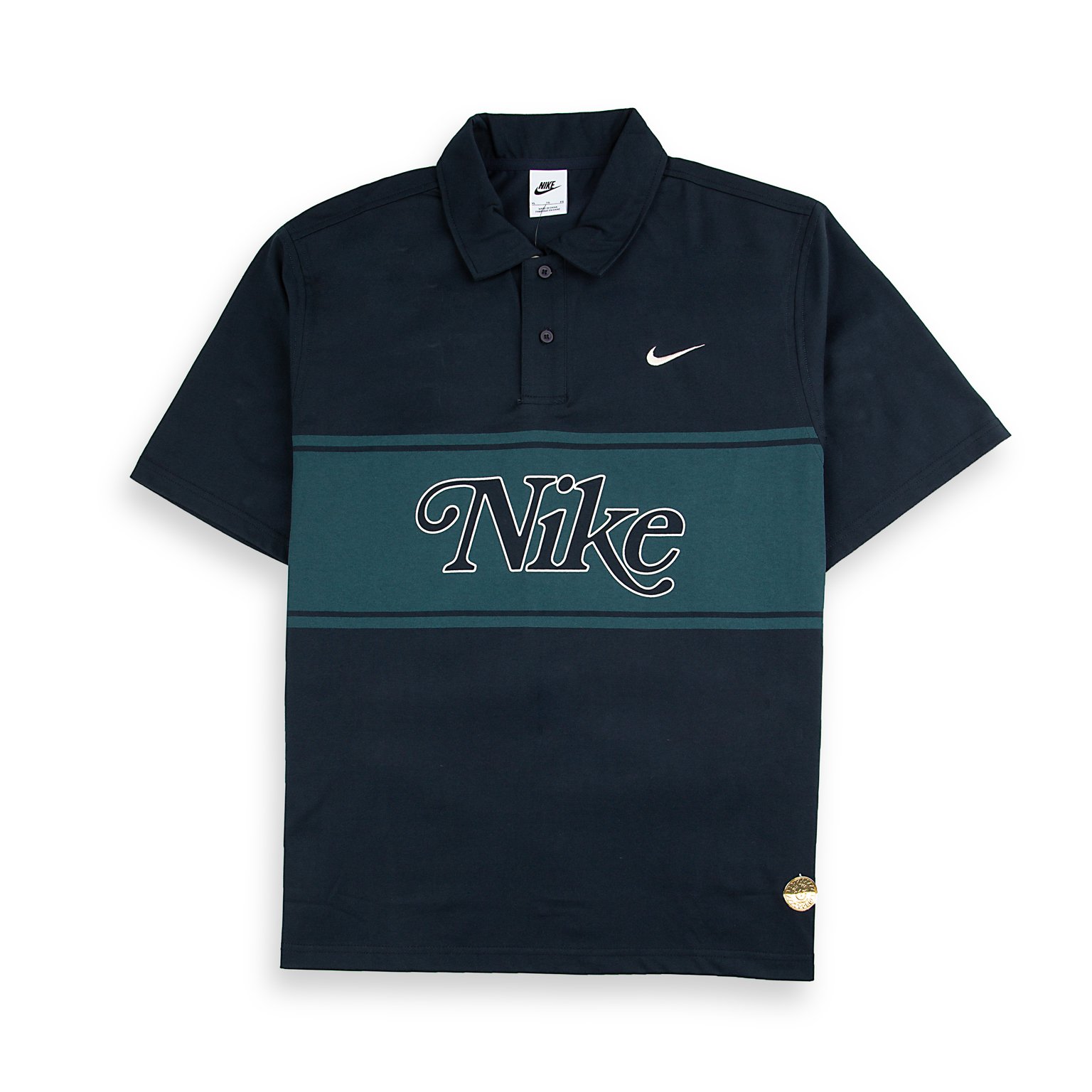A Nike Men's vintage-style rugby polo shirt in navy with a teal stripe across the chest and a stylized embroidered Nike logo.