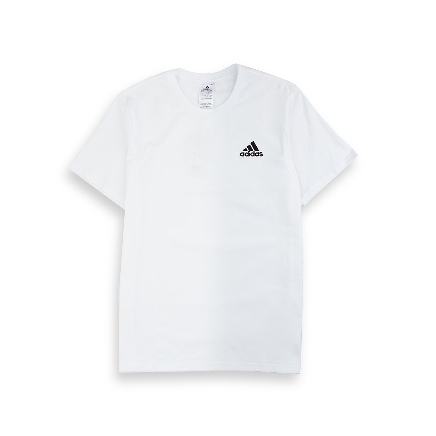 A white Adidas  T-Shirt with a small, black Adidas logo on the left chest.