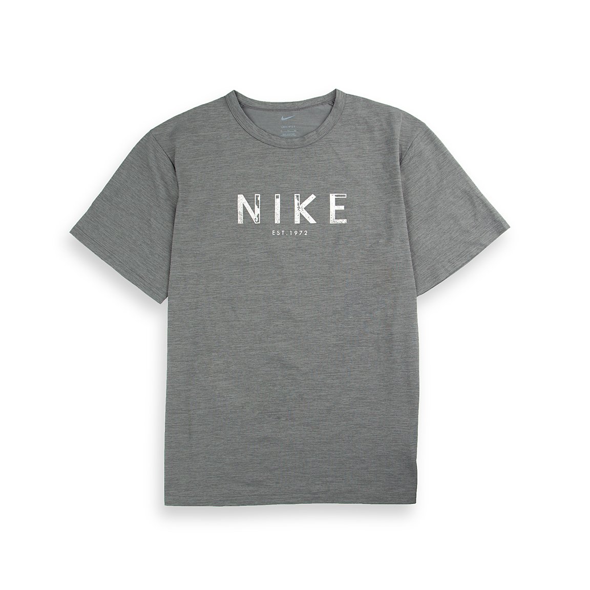 A heathered grey Nike Heritage T-shirt with a distressed white "NIKE" and "EST. 1972" logo on the chest.