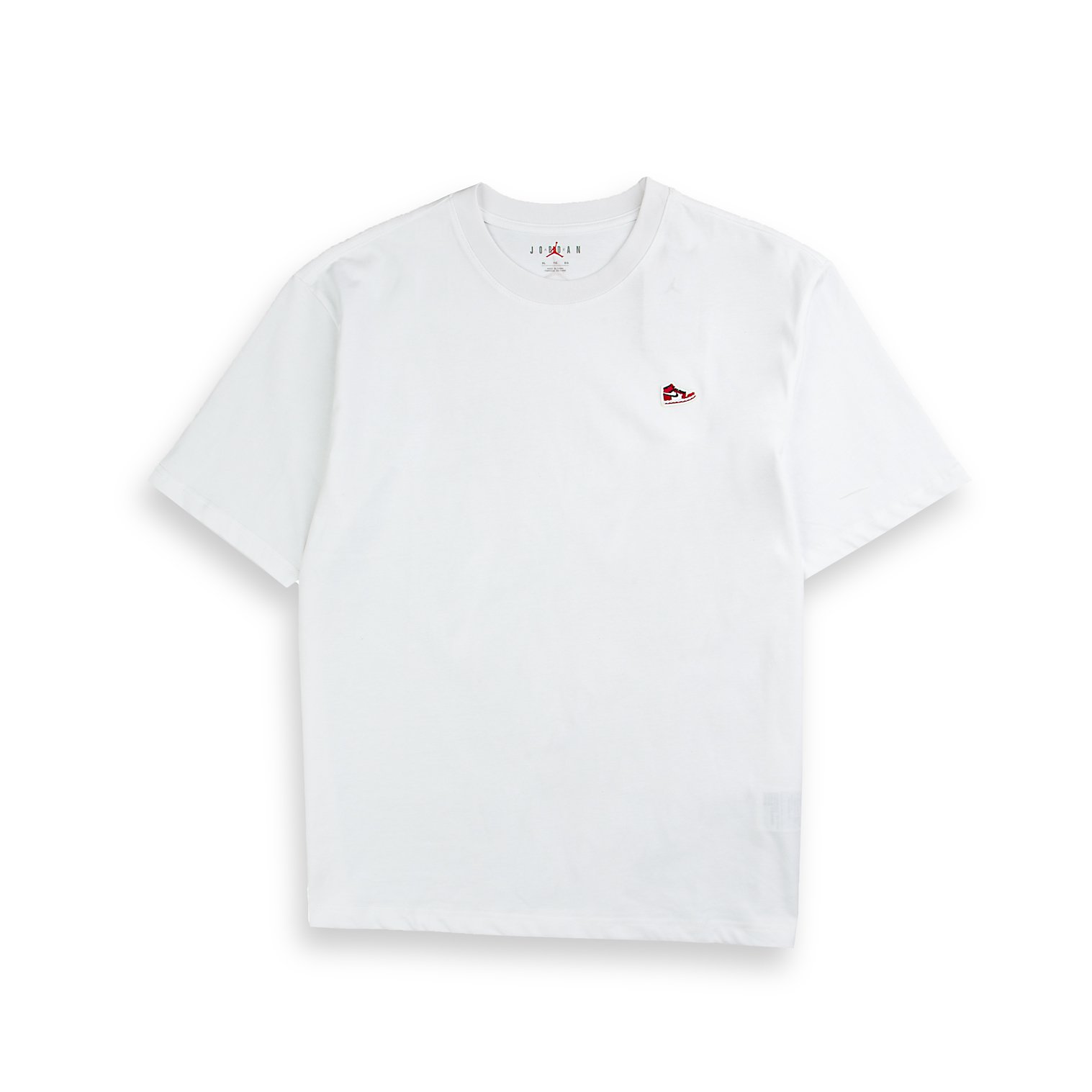  A white Jordan Flight Heritage T-shirt with a small embroidered winged shoe logo on the chest.