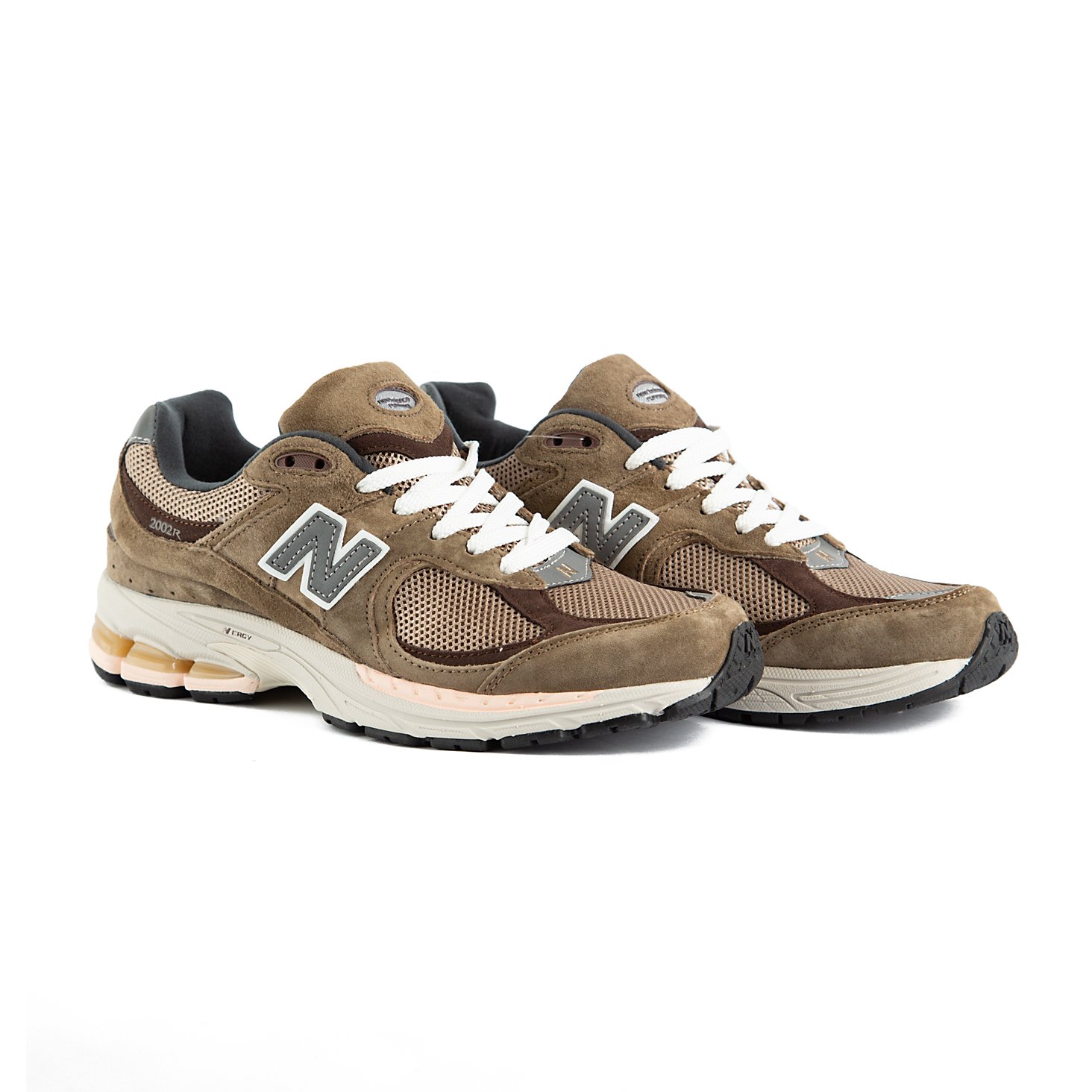 Pair of New Balance 2002R brown and beige sneakers on a white background