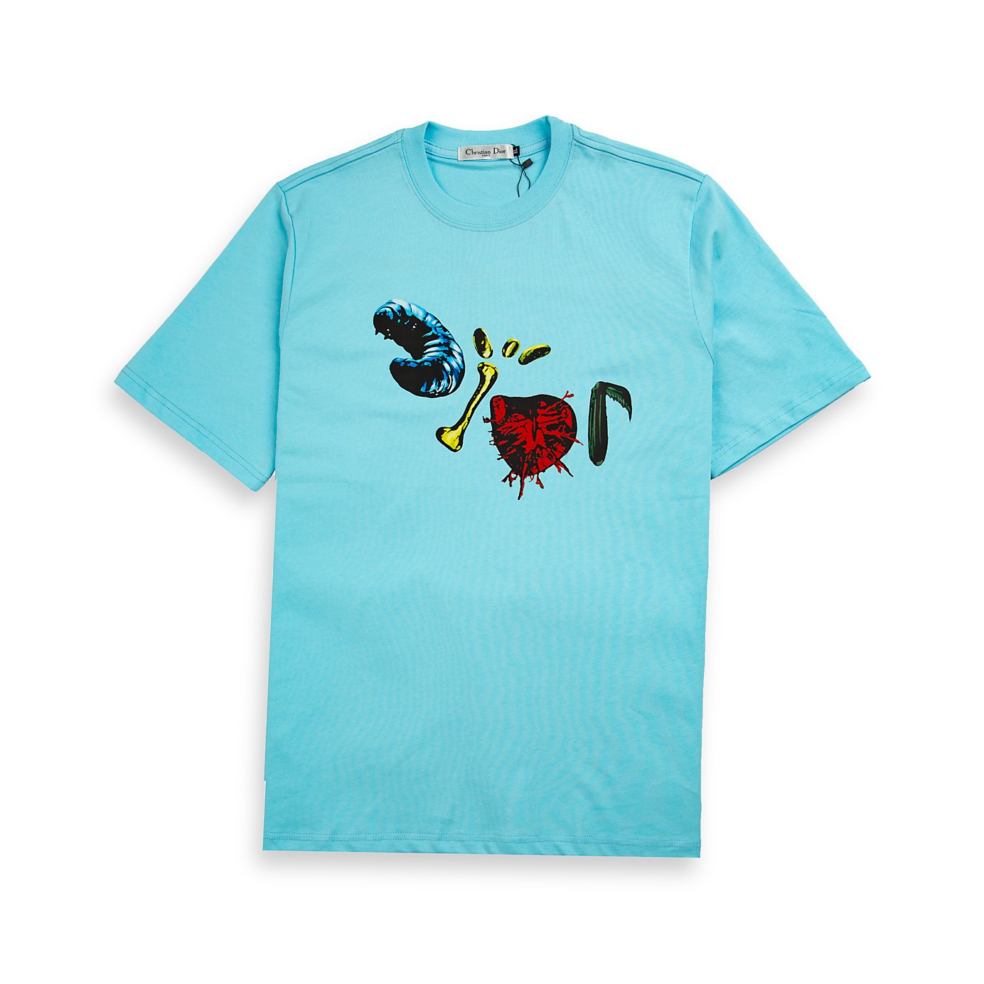 Aqua Blue Christian Dior t-shirt with surreal abstract creature and bone graphic print, luxury designer unisex wear.