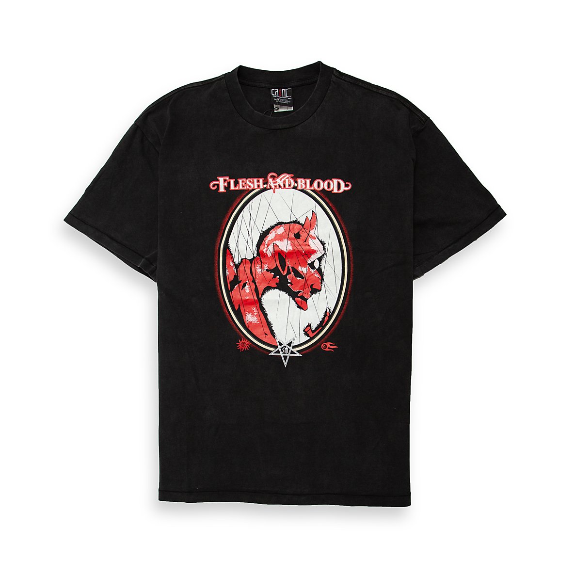 A black, short-sleeve t-shirt with a vintage, washed or faded finish, suggesting a distressed streetwear aesthetic.