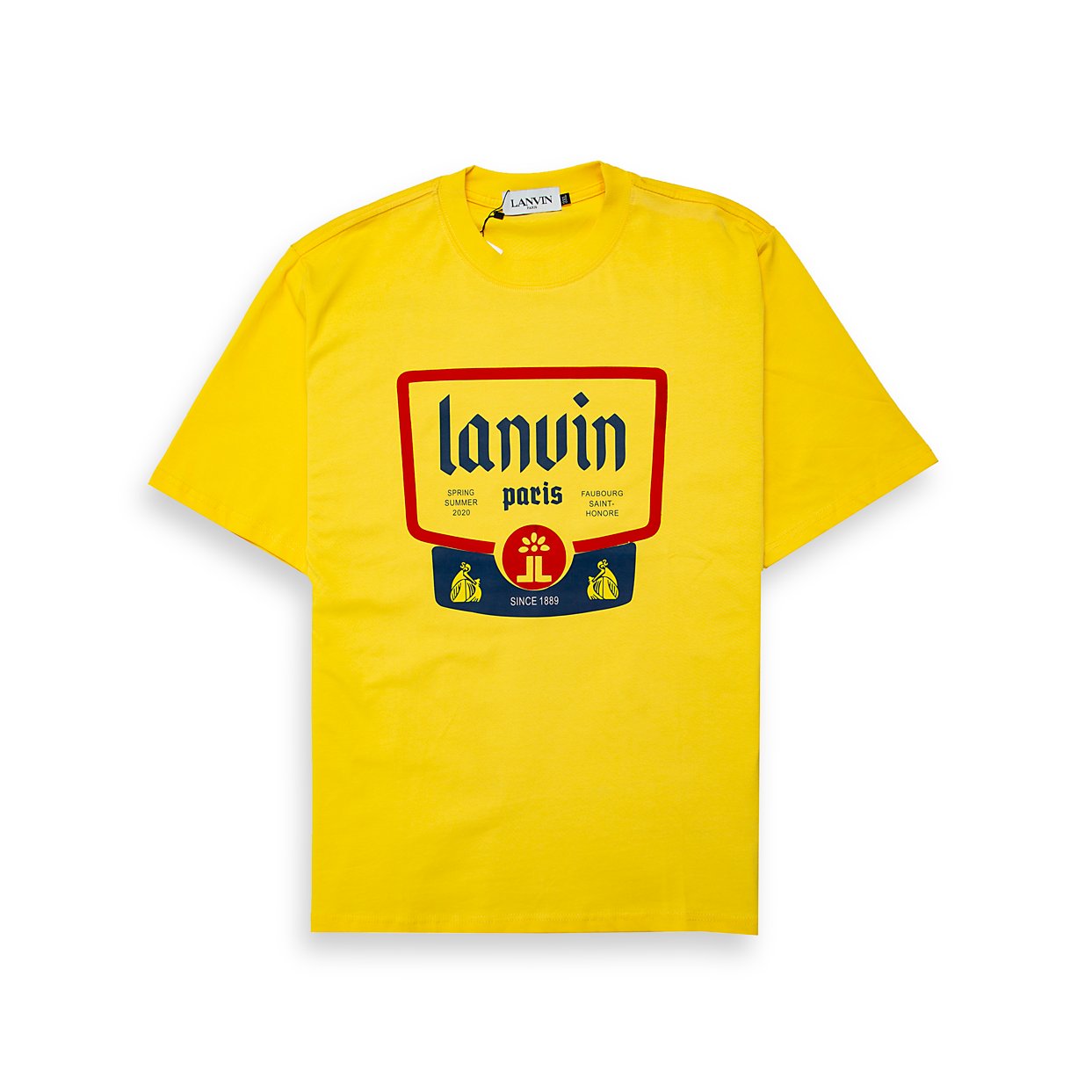 A vibrant, short-sleeved cotton T-shirt featuring a prominent, rectangular graphic print on the chest.