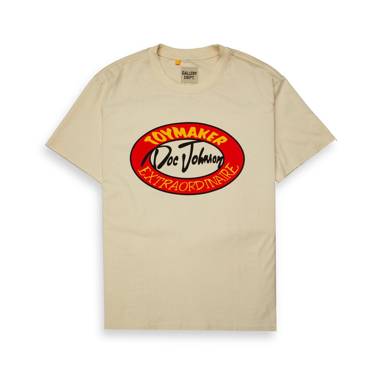 This is a short-sleeve, crew-neck T-shirt from the brand GALLERY DEPT. The garment features a prominent vintage-style, oval graphic print on the front.