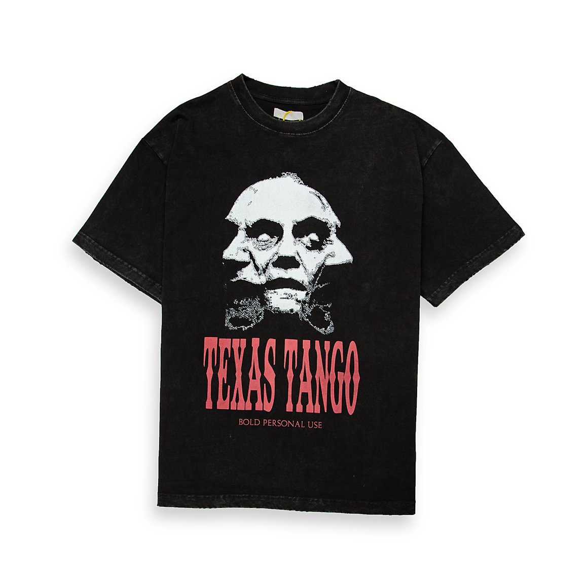 This is an edgy, short-sleeve crew-neck t-shirt with a vintage, distressed finish, suggesting a heavy wash or garment-dyed process.