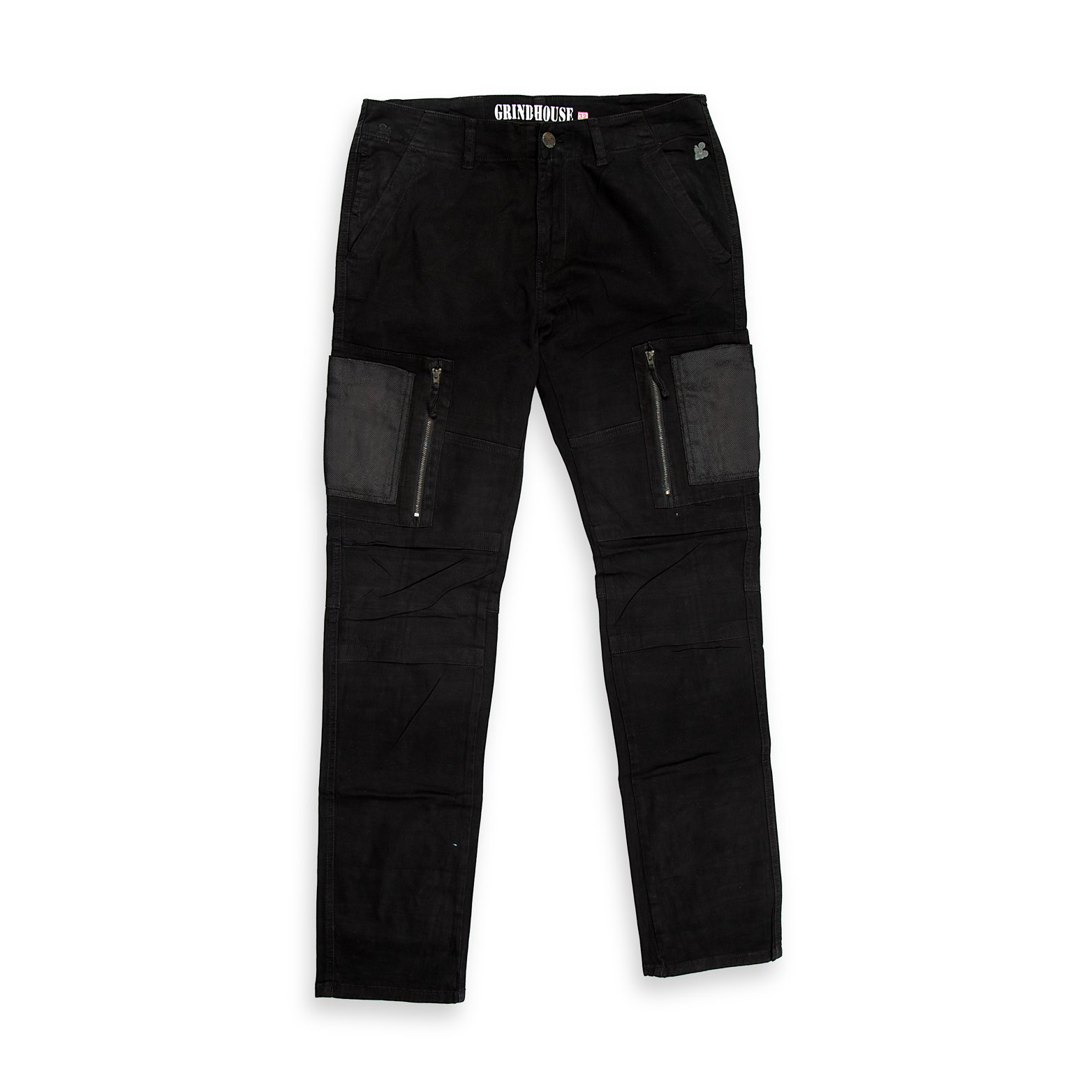 These are a pair of modern, slim-fit cargo pants (or utility trousers) in a solid black fabric. They feature a contemporary design that blends workwear utility with a streetwear aesthetic.
