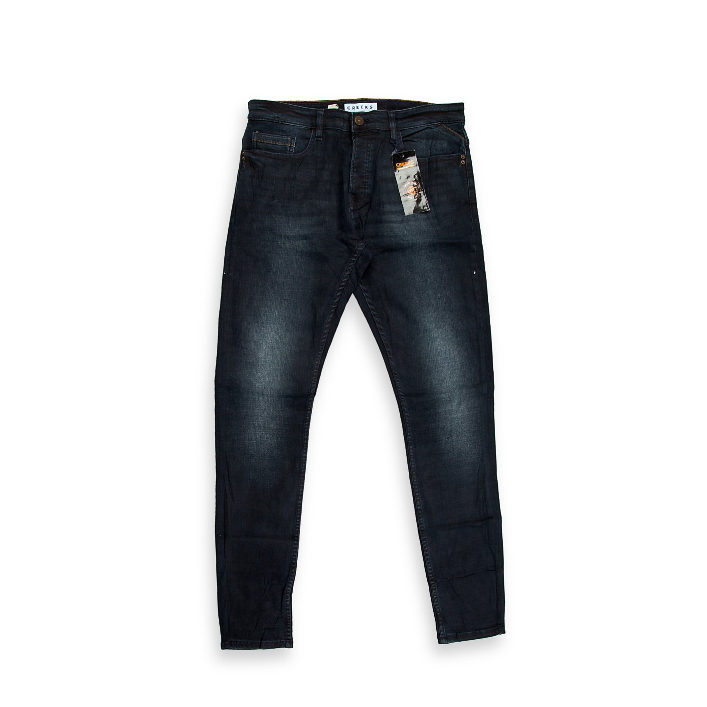 A modern pair of men's slim-tapered jeans featuring a stylish washed black (or faded charcoal) colour.