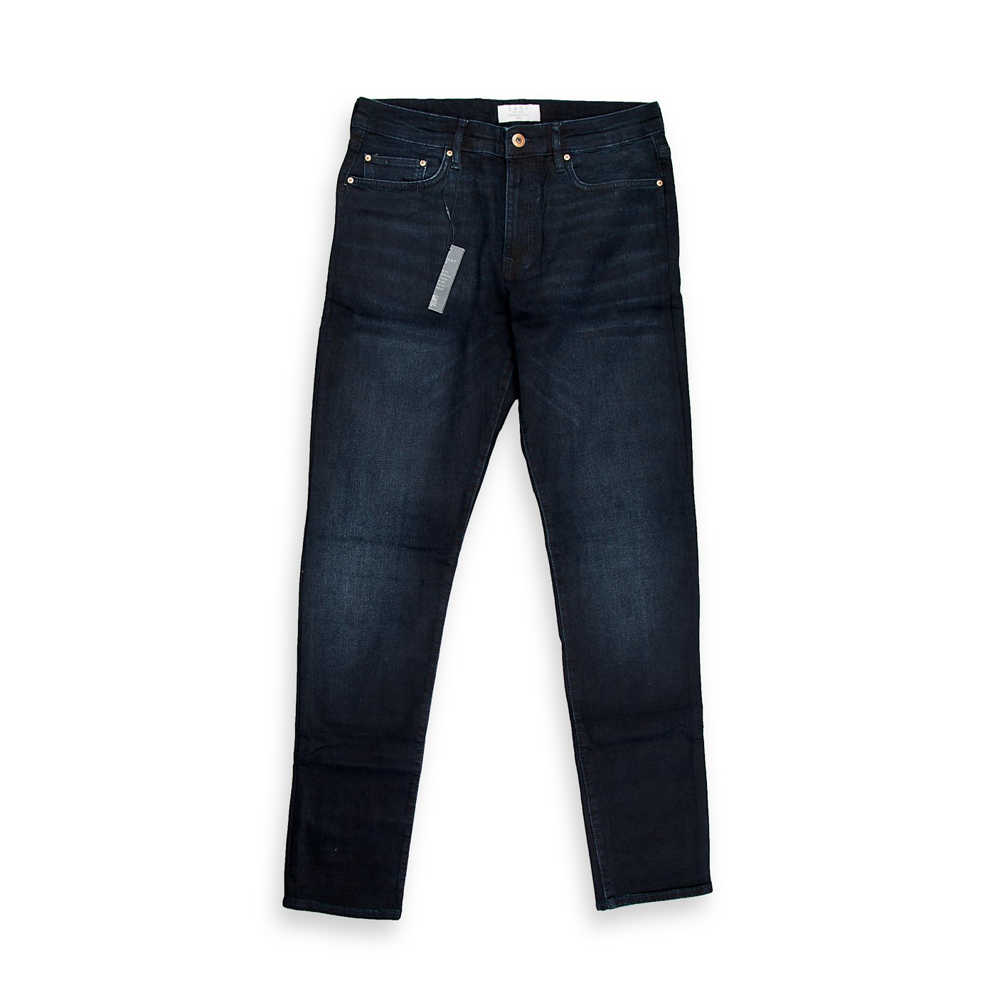 A foundational piece for any wardrobe, this is a timeless pair of men's jeans in a very dark, rich indigo wash. The wash is deep and consistent, suggesting a dressier, more refined aesthetic compared to a highly distressed or faded pair.